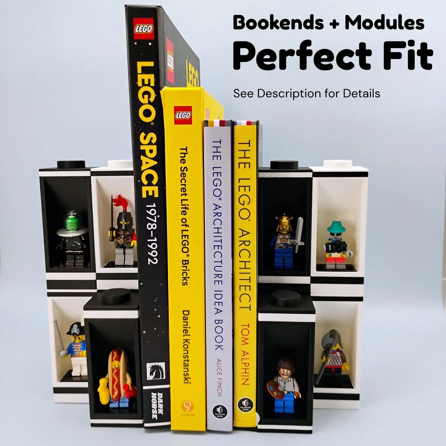 Graphic showing bookends stacked with modular LEGO® minifigure display stands for a larger shelf setup