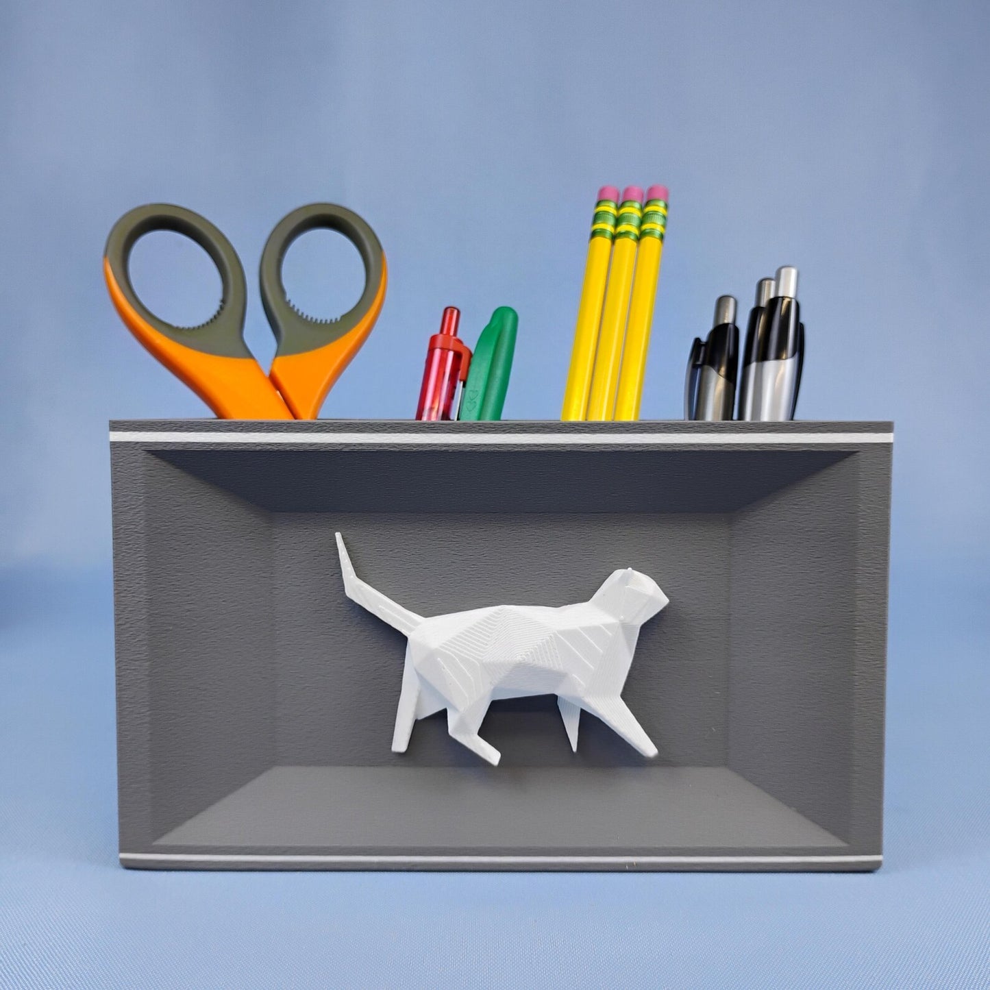 Gray Cat desk organizer with white cat detail for pens, pencils, and office supplies