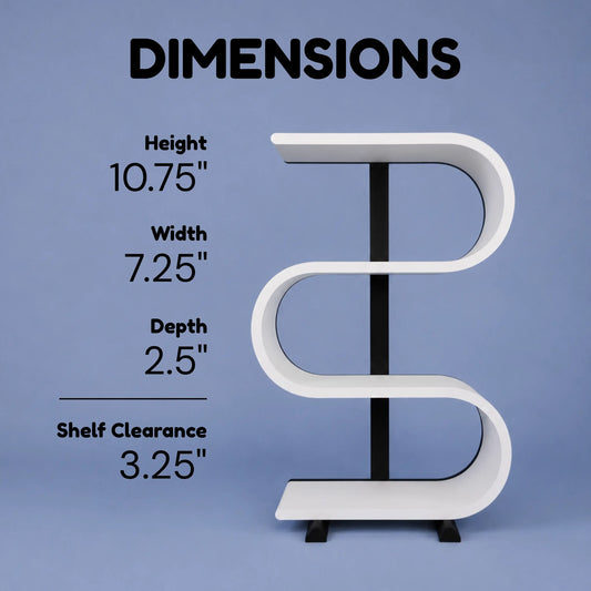 Squiggly display shelf dimensions showing an approximate height of 10.75 inches, width of 7.25 inches, depth of 2.5 inches, and shelf clearance of 3.25 inches.
