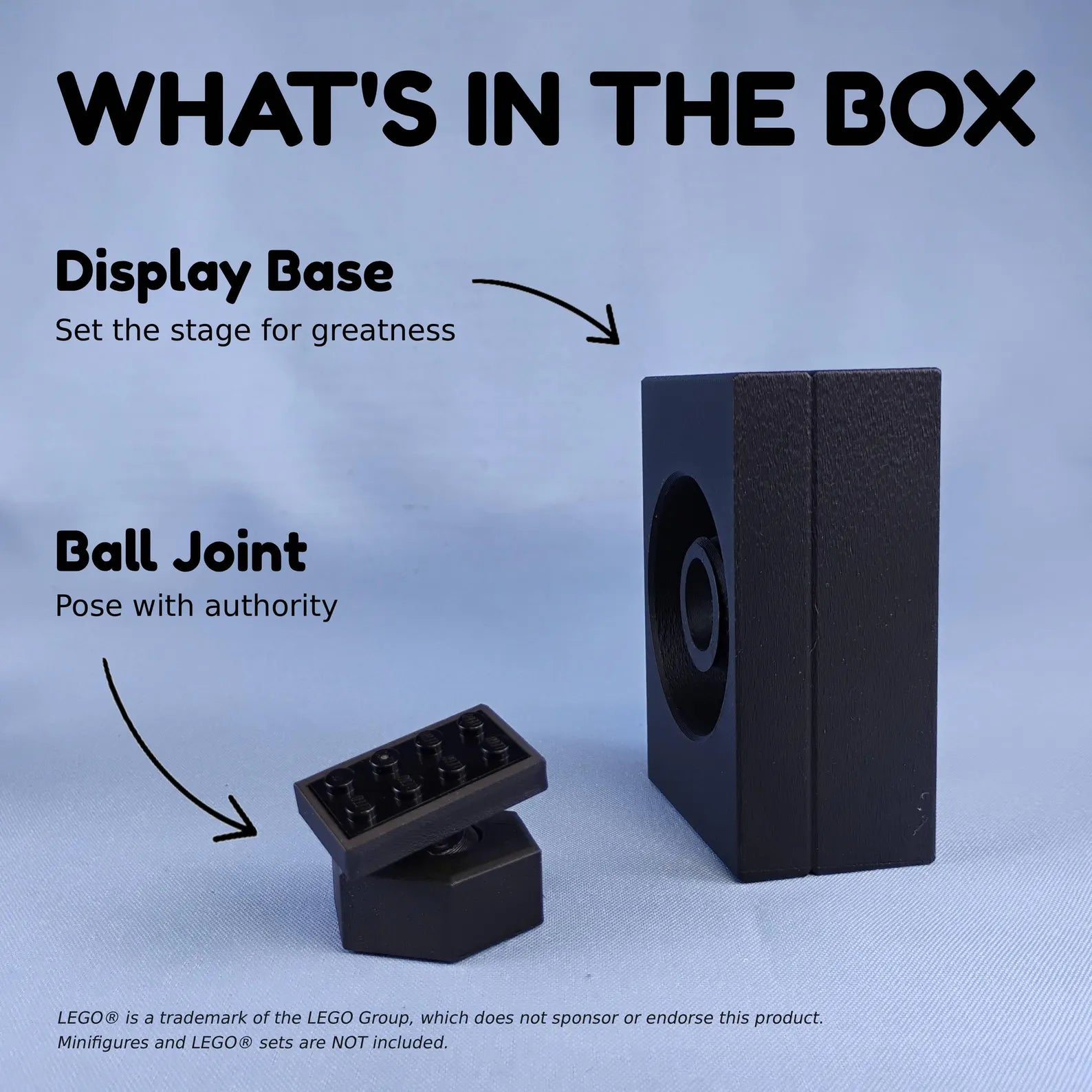 What’s included graphic showing the display base and ball joint mount for an adjustable desk display stand for LEGO® ships.