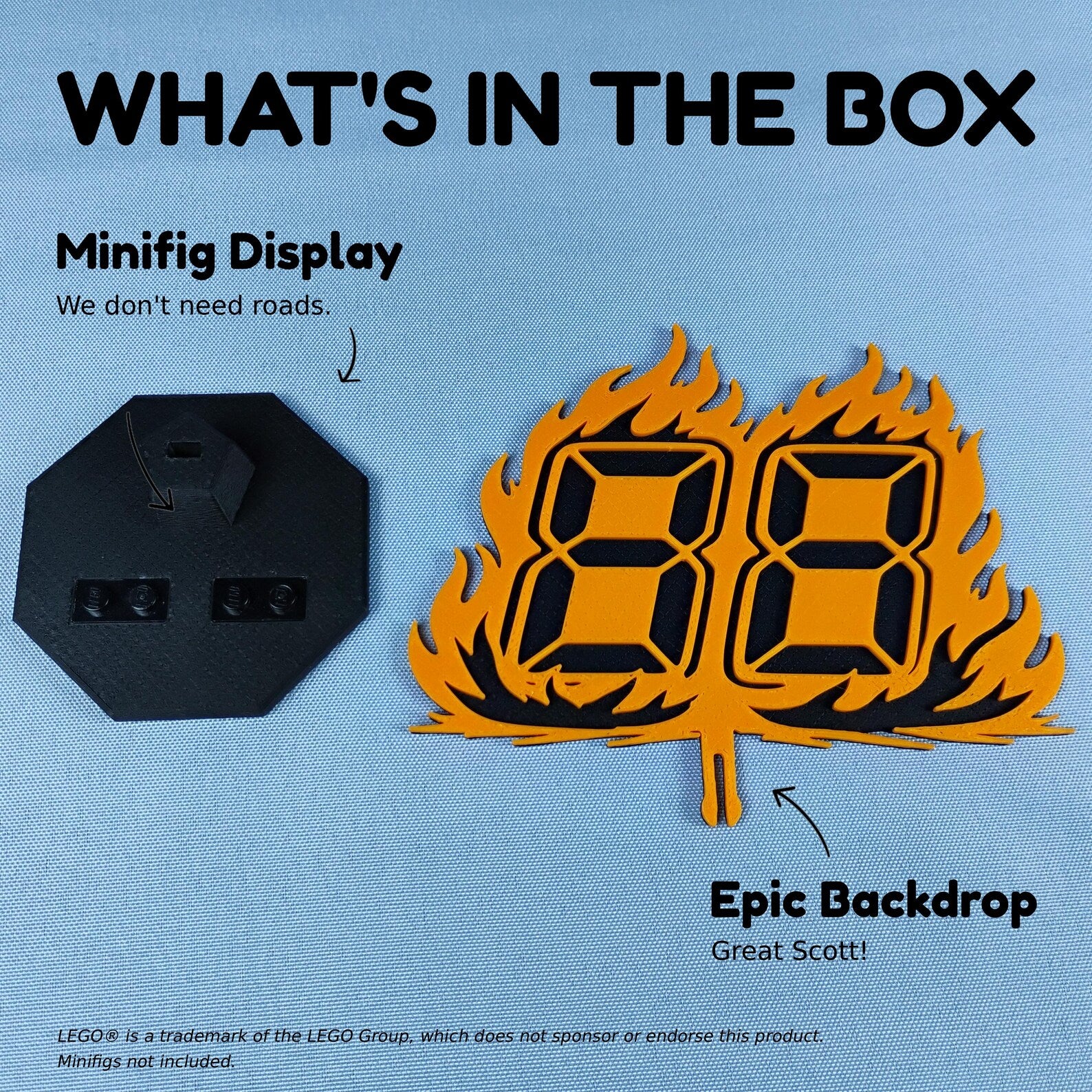 What’s in the box graphic for the Back to the Future minifigure display, showing the black display base and orange 88 MPH flame backdrop.