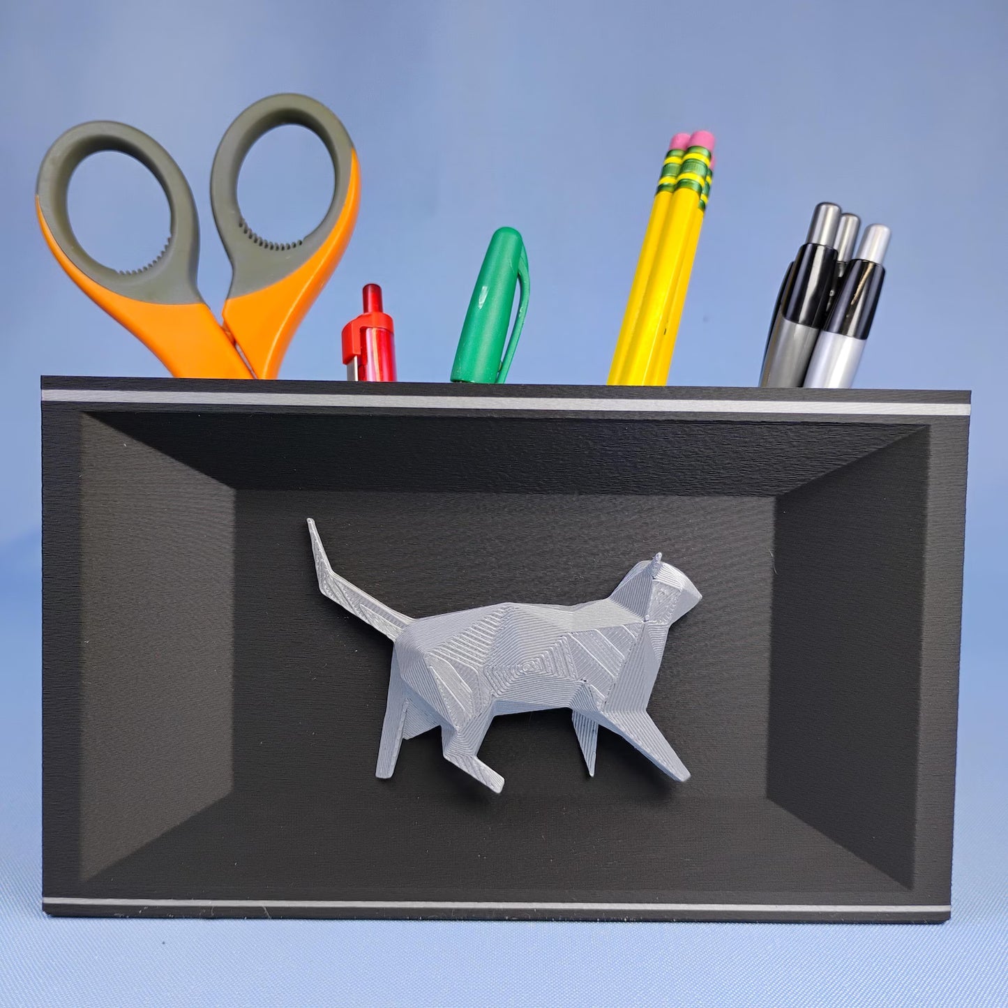 Black Cat desk organizer with raised geometric cat detail shown from the front
