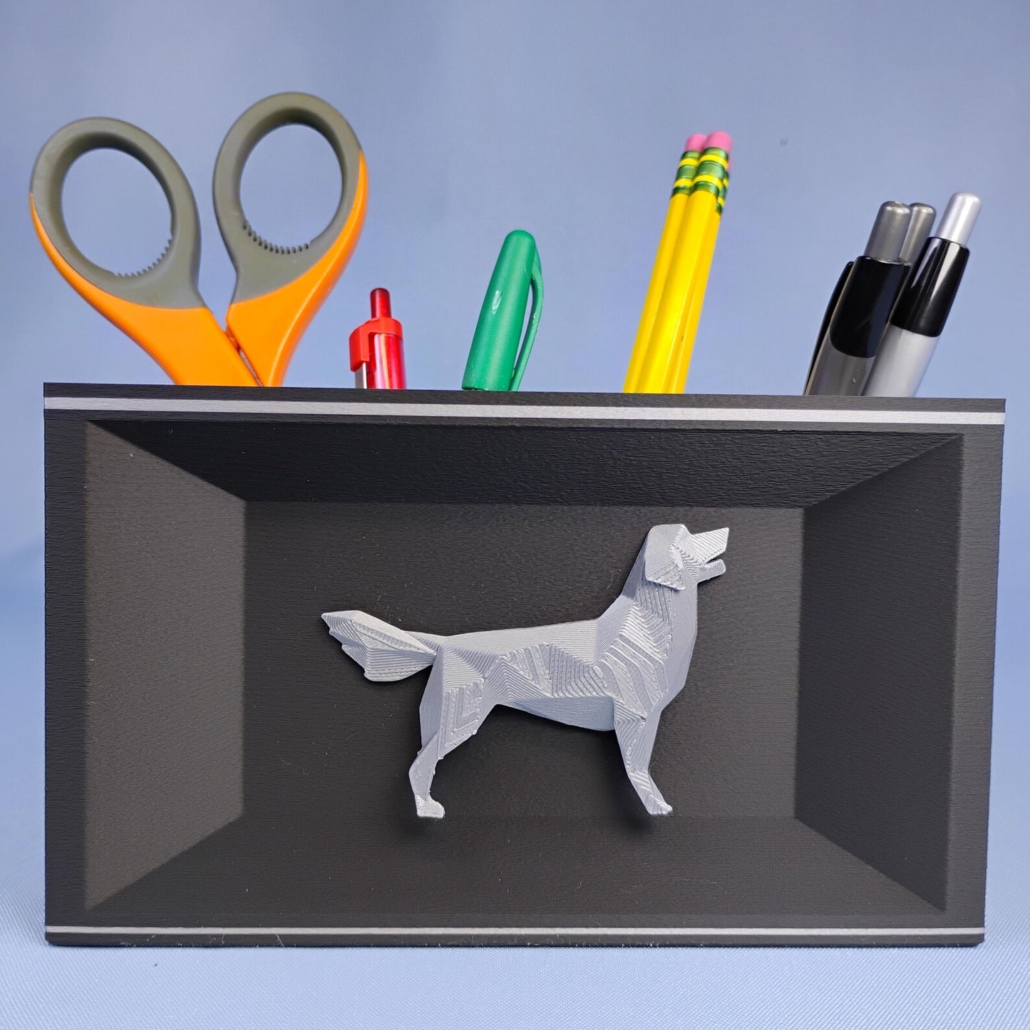Black Golden Retriever desk organizer with raised geometric dog detail shown from the front