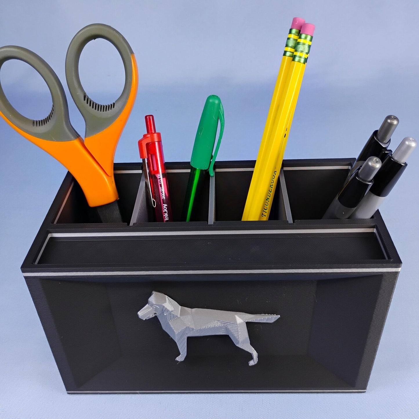 Black Labrador desk organizer holding scissors, pencils, pens, and small office tools