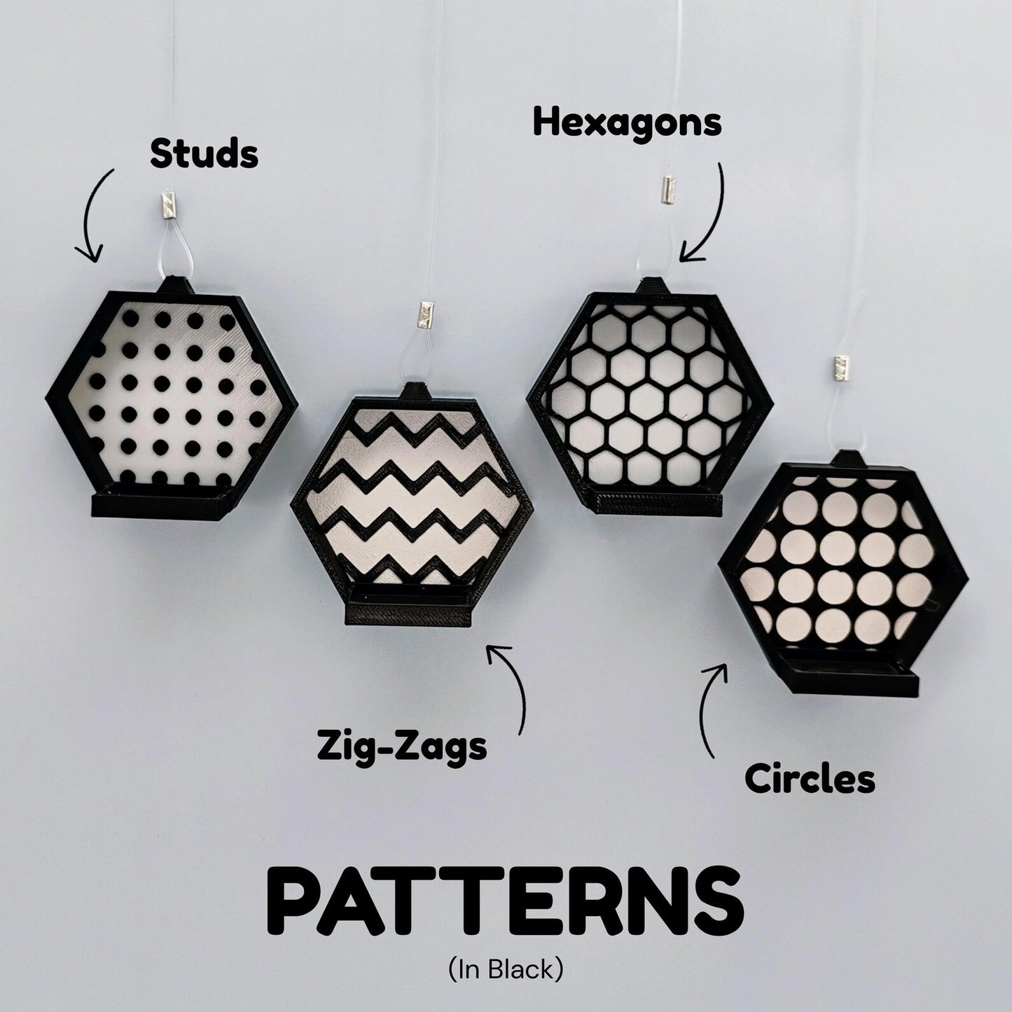 Pattern options for black hanging minifigure displays, showing studs, hexagons, zig-zag, and circles backgrounds.