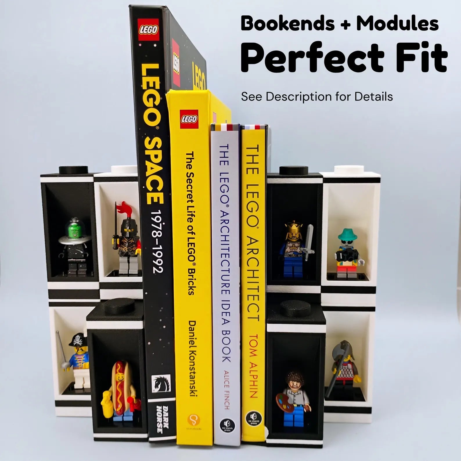 Graphic showing bookends stacked with modular LEGO® minifigure display stands for a larger shelf setup