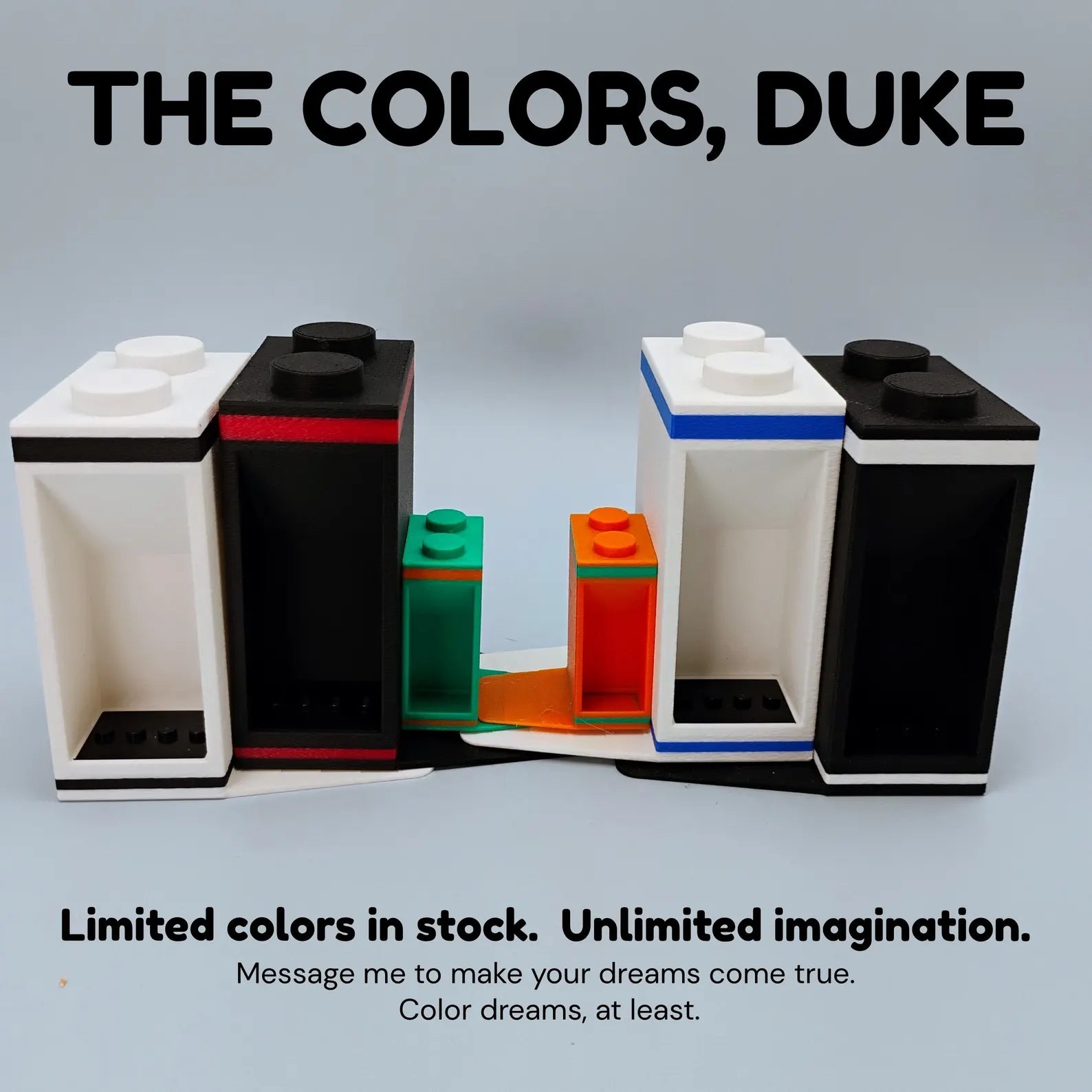 Color option graphic showing bookends with different accent colors and LEGO® display mounts