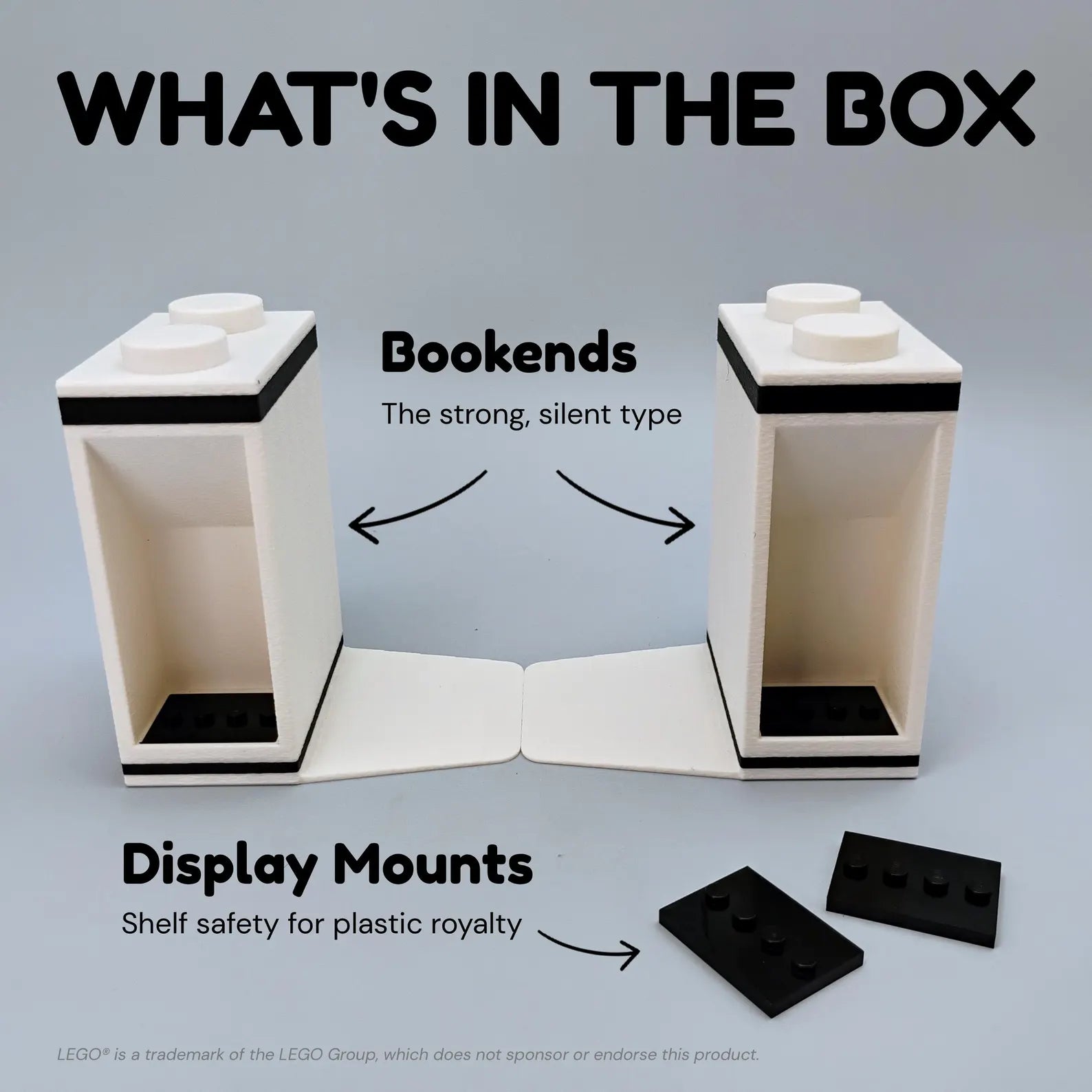 What’s in the box graphic showing two bookends and LEGO® display mounts included with the set