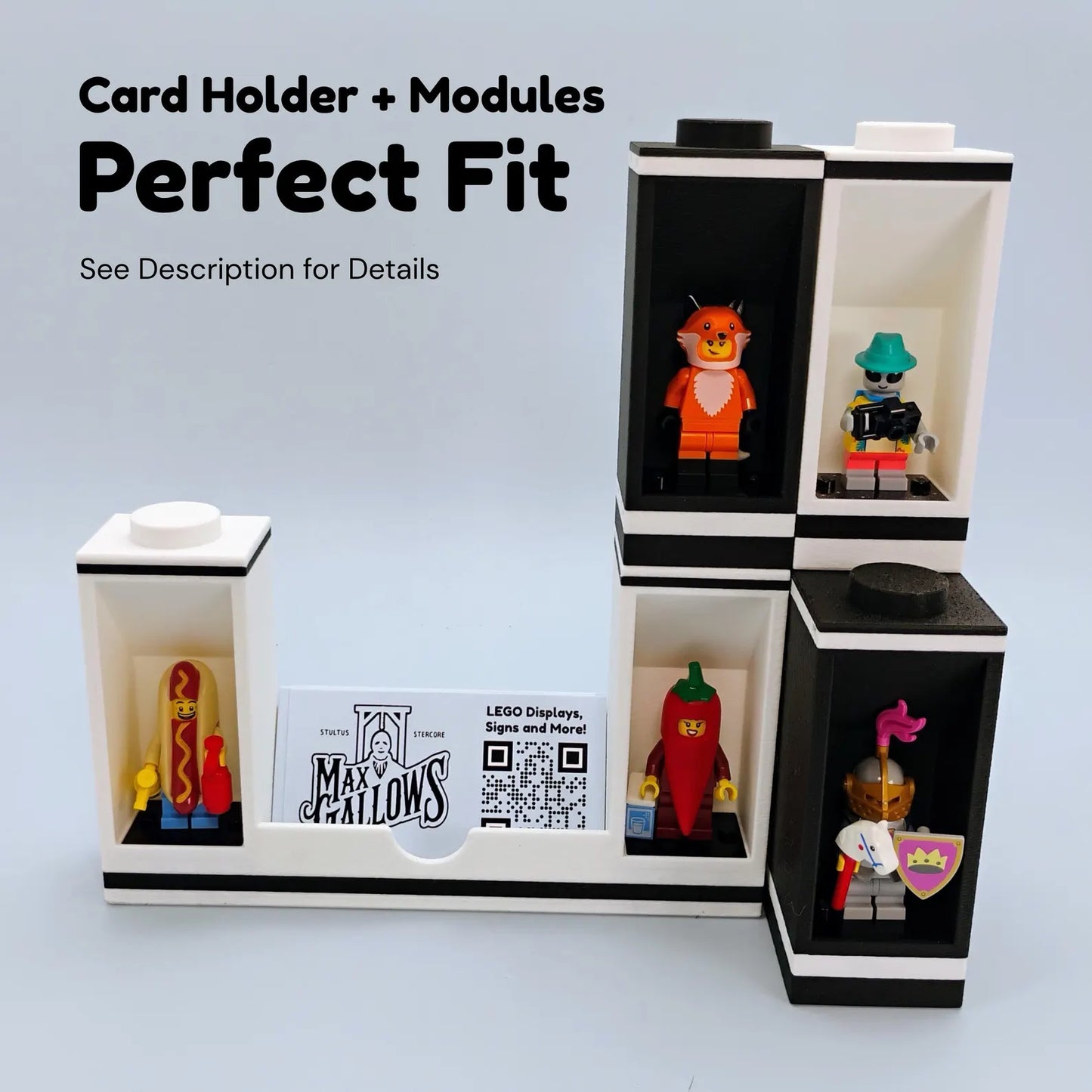 Graphic showing business card holder combined with modular minifigure display stands
