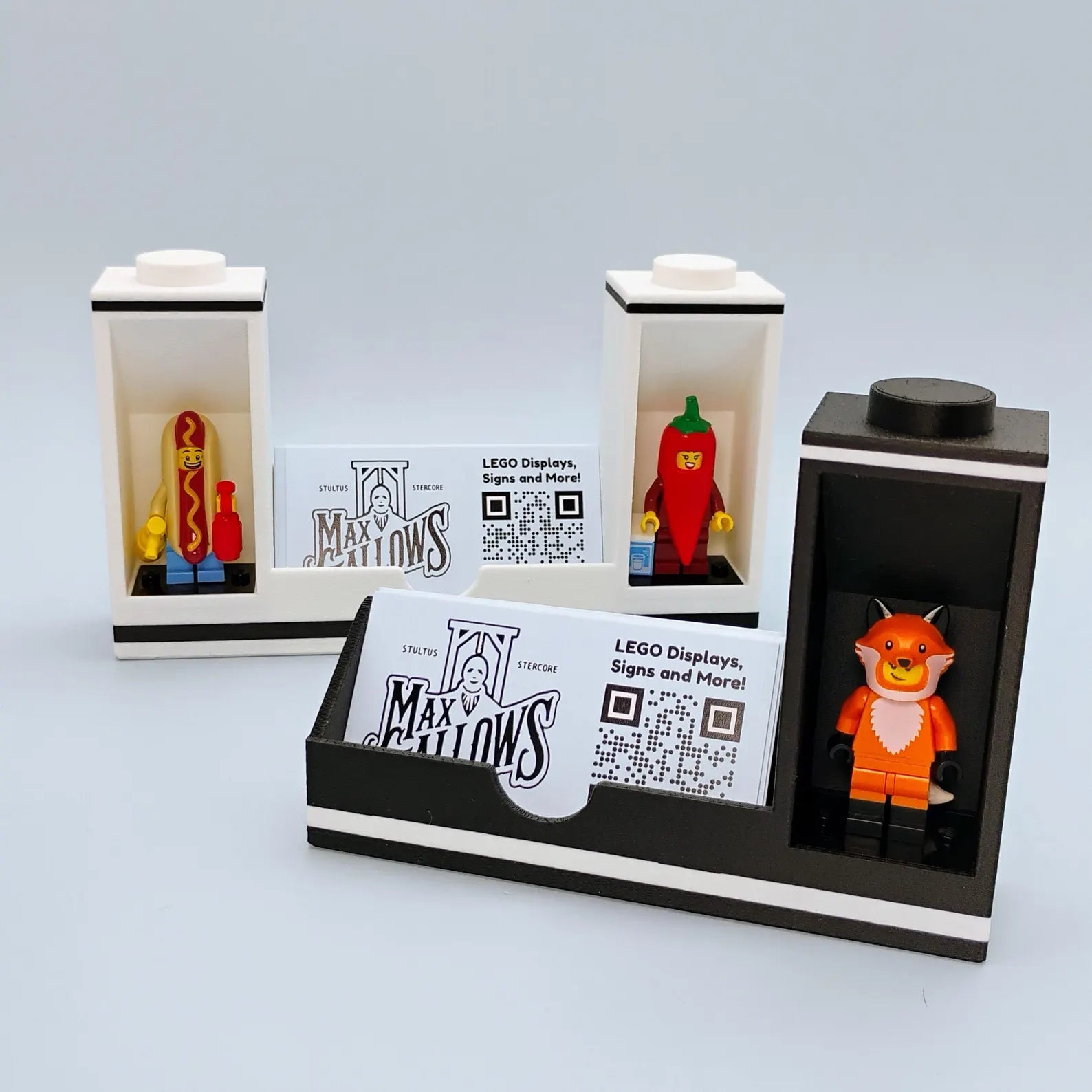 Business card holder with LEGO® minifigure display spots and sample Max Gallows business cards