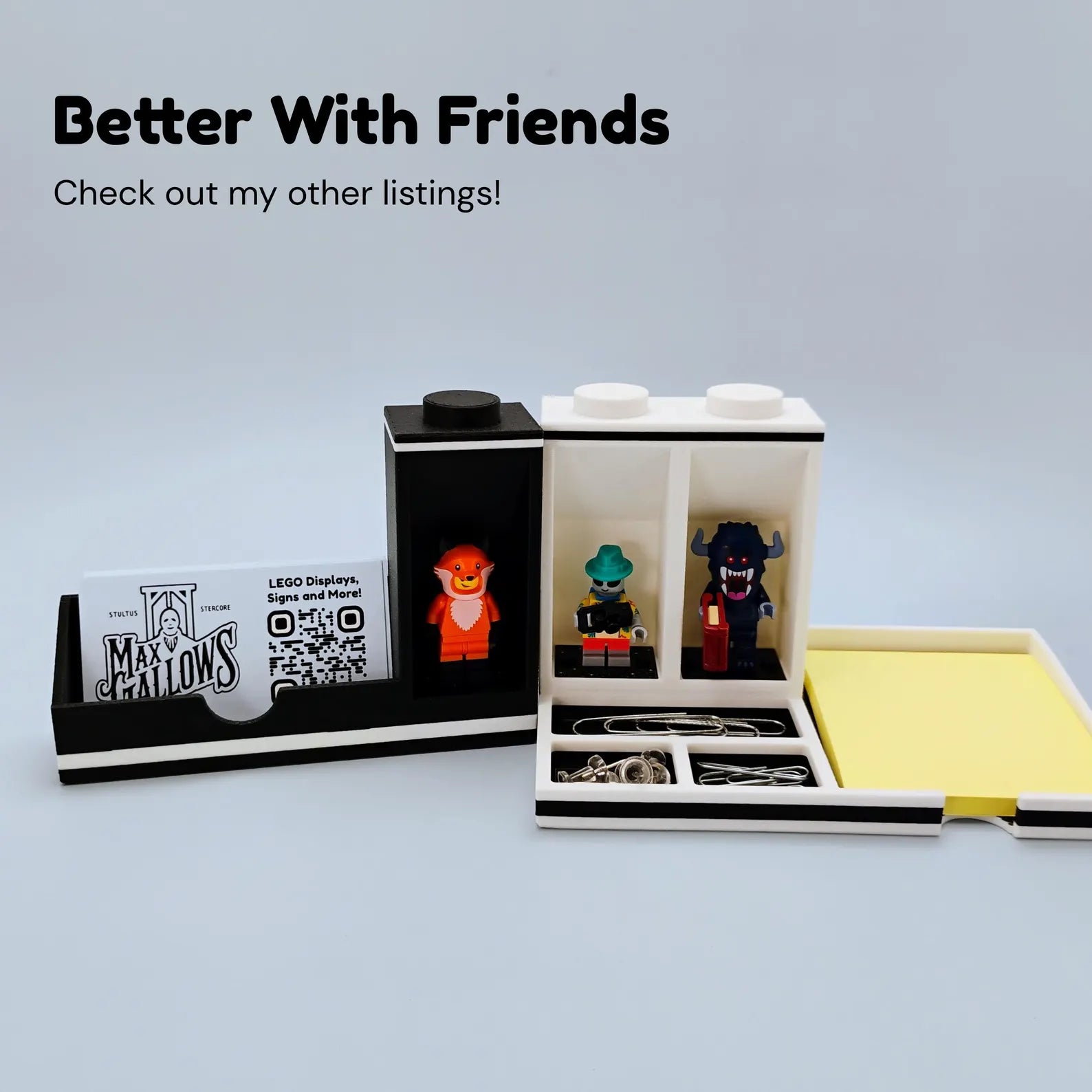 Business card holder shown with modular LEGO® minifigure display pieces and sample cards