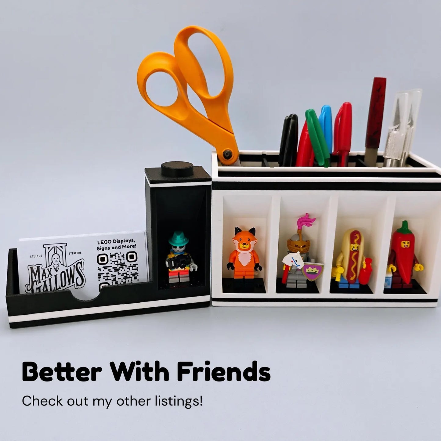 Business card holder displayed with matching desk organizer and LEGO® minifigure display accessories