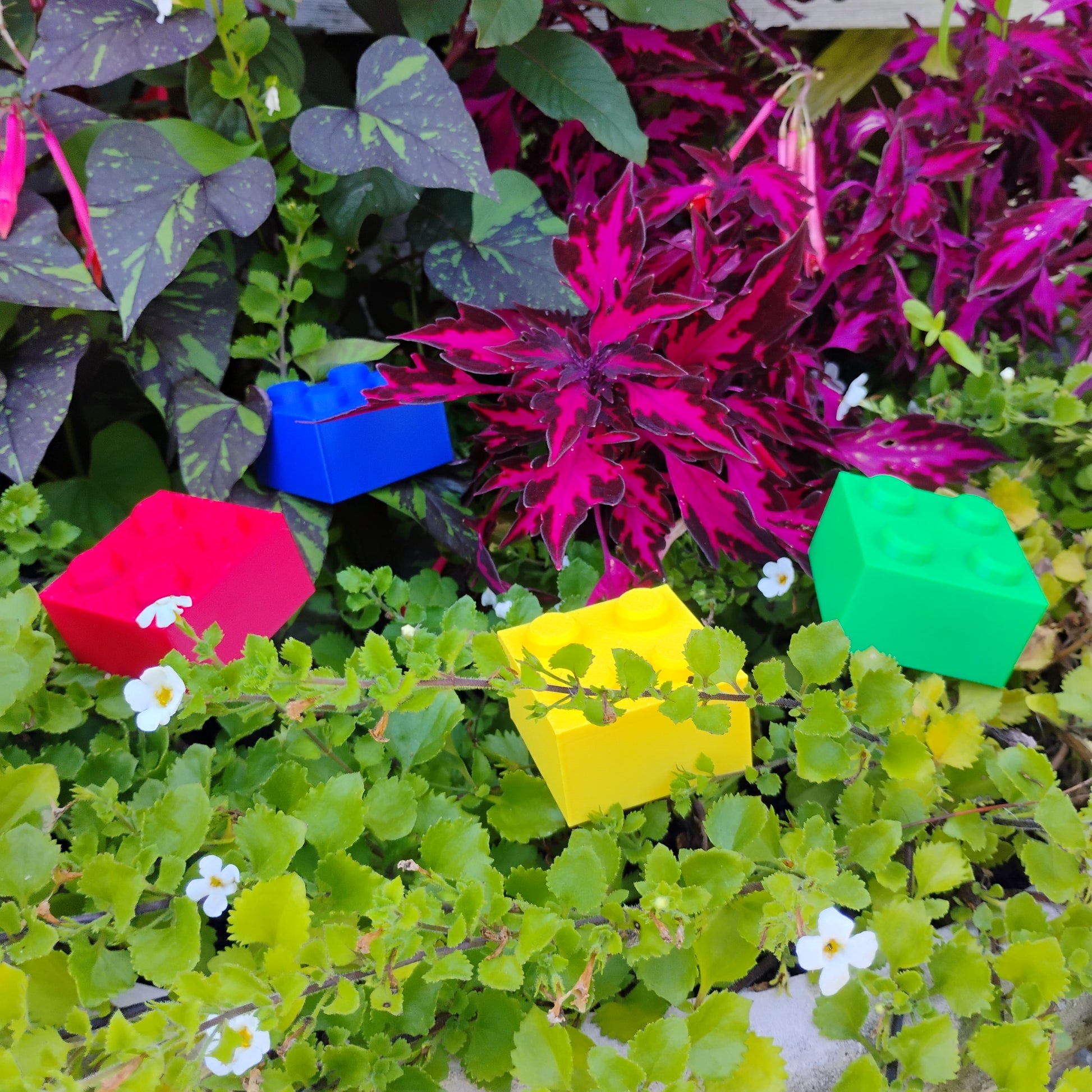 Bright building brick plant stakes in red, blue, green and yellow placed among colorful garden plants.