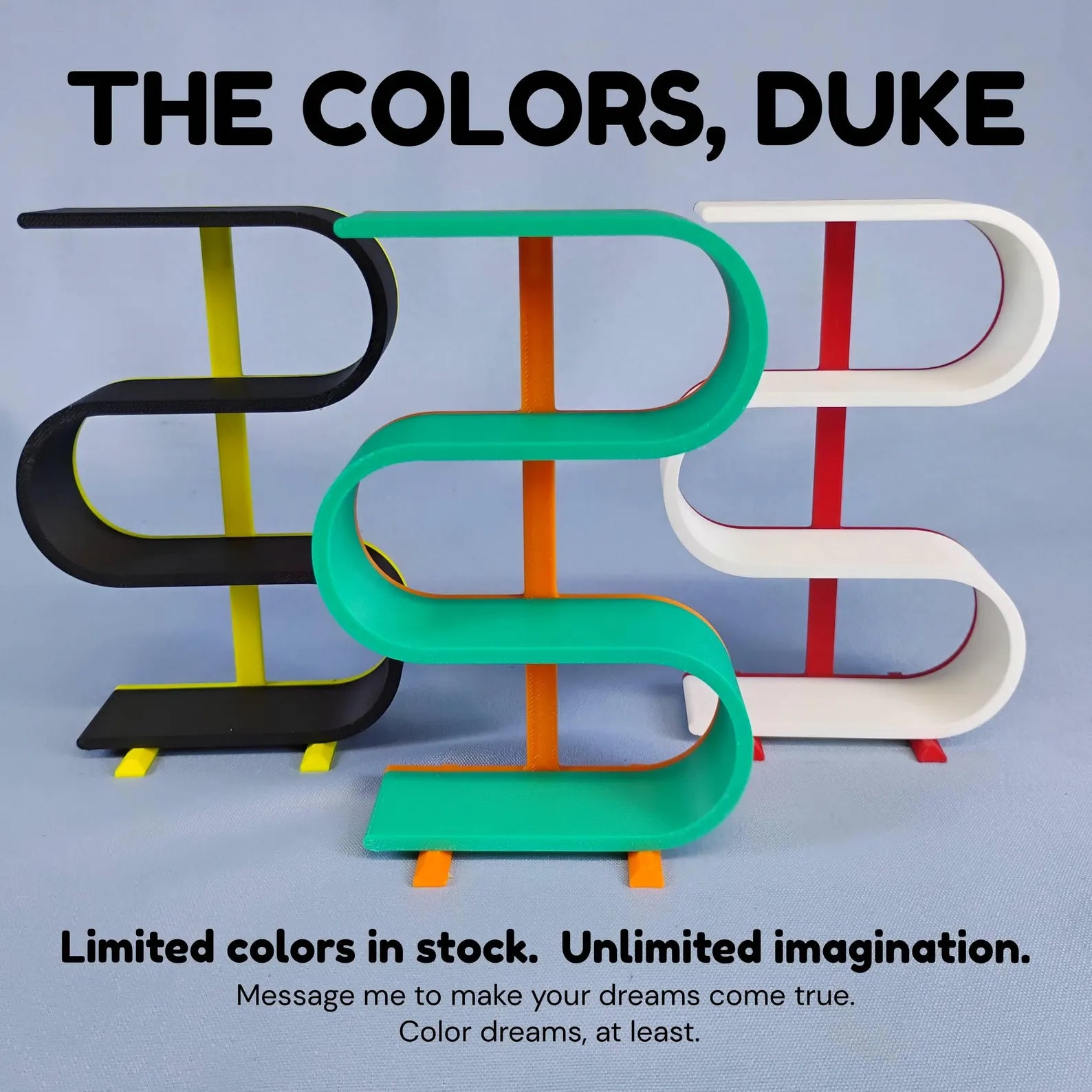 Squiggly display shelves shown in multiple primary and accent color combinations, including black, white, green, orange, red, and yellow custom options.