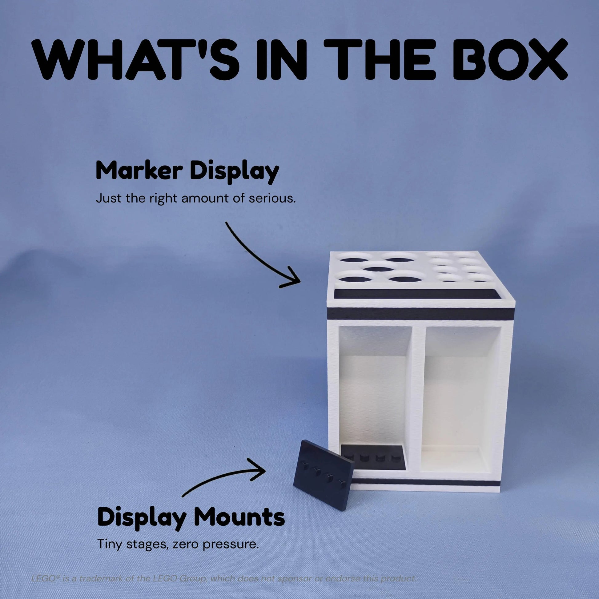 What’s included with the dry erase marker holder: one desktop marker organizer and two removable minifigure display mounts for the front compartments.