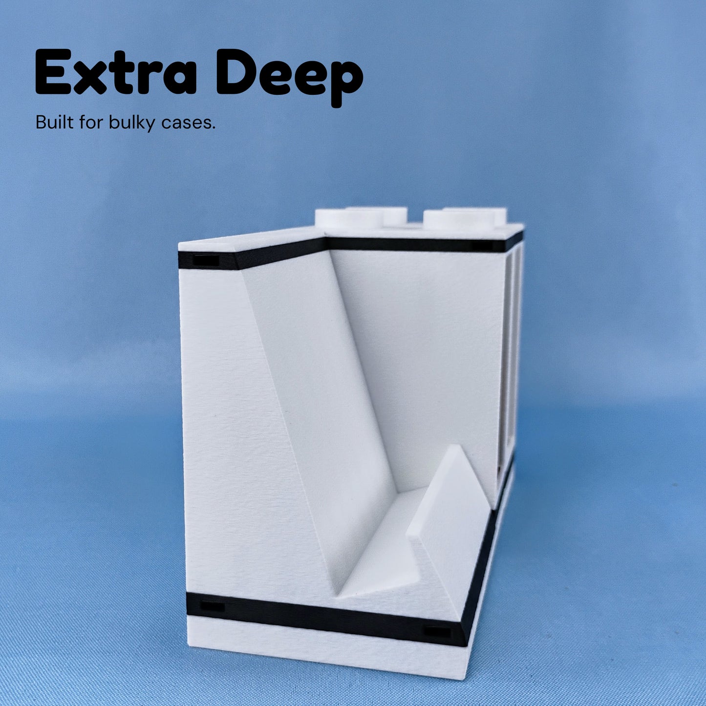 Side view of the extra-deep phone cradle designed to accommodate smartphones with thicker protective cases.