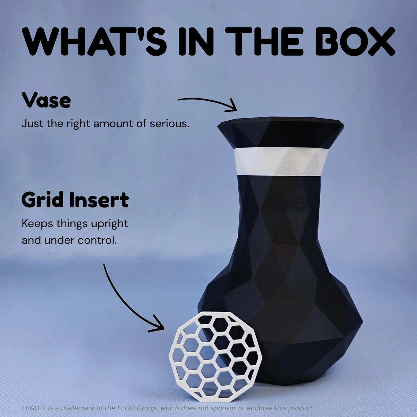 What’s in the box graphic showing geometric vase and removable grid insert for LEGO® botanical flowers