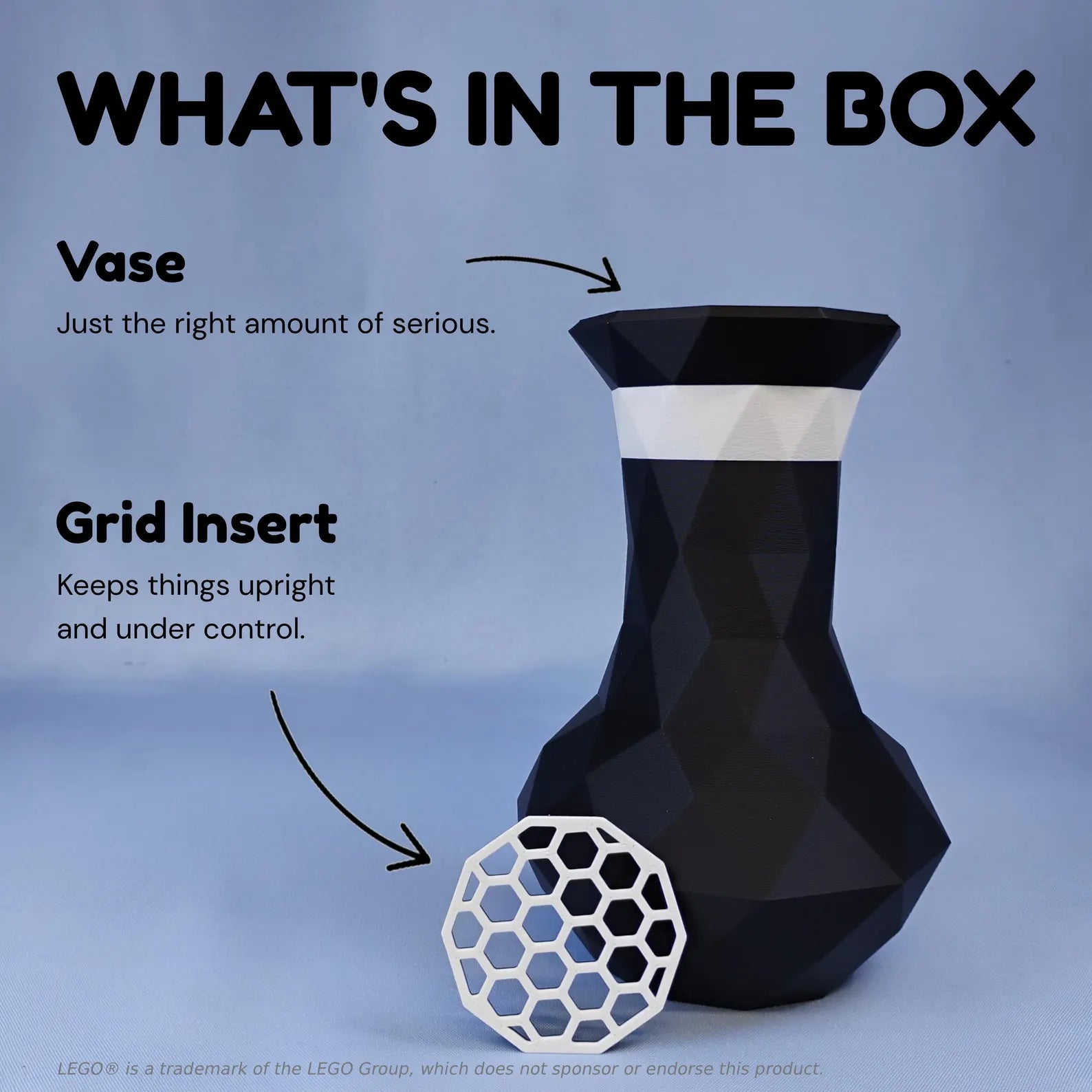 What’s in the box graphic showing geometric vase and removable grid insert for LEGO® botanical flowers