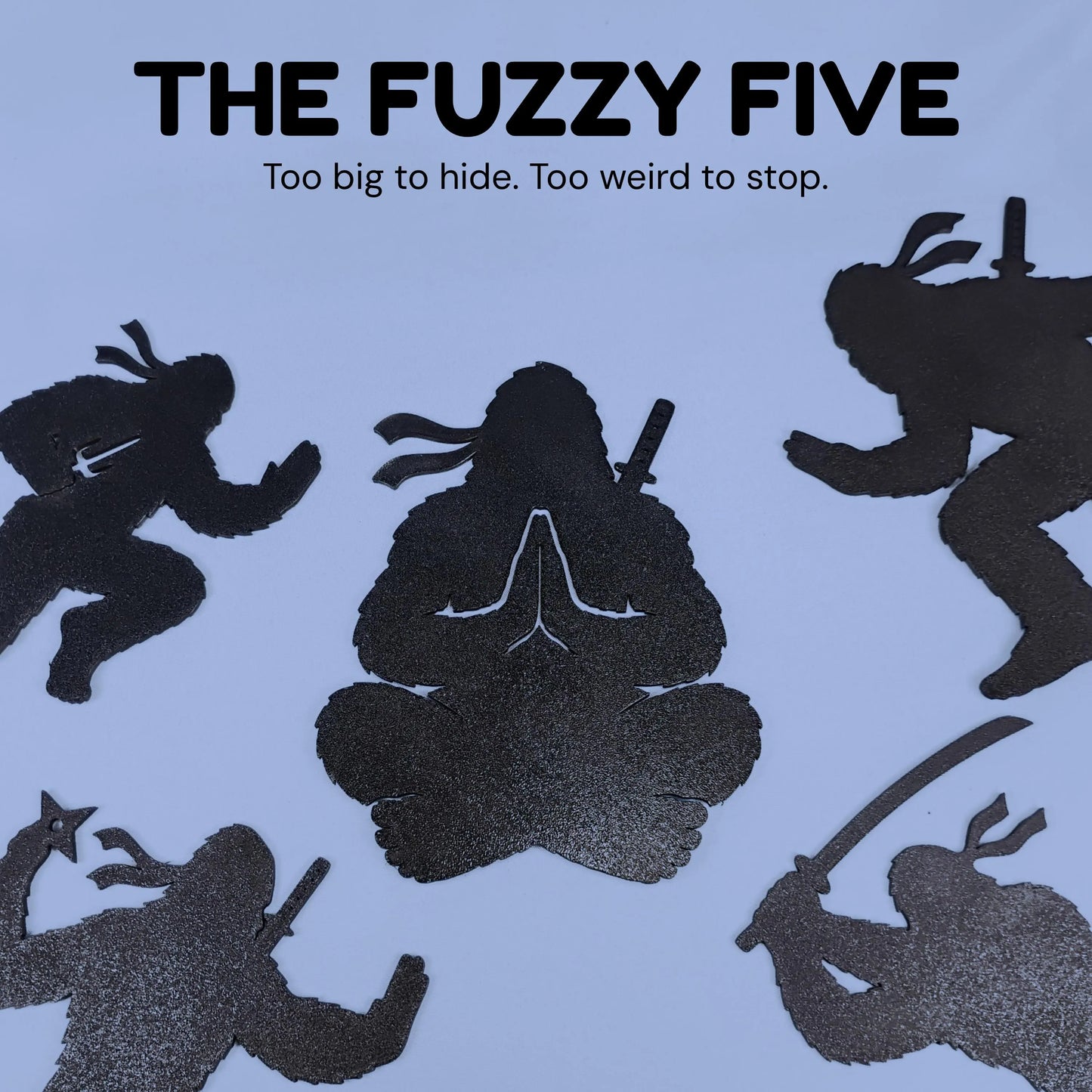 The Fuzzy Five collection showing all five Ninja Bigfoot Garden Spike poses on a light blue background.
