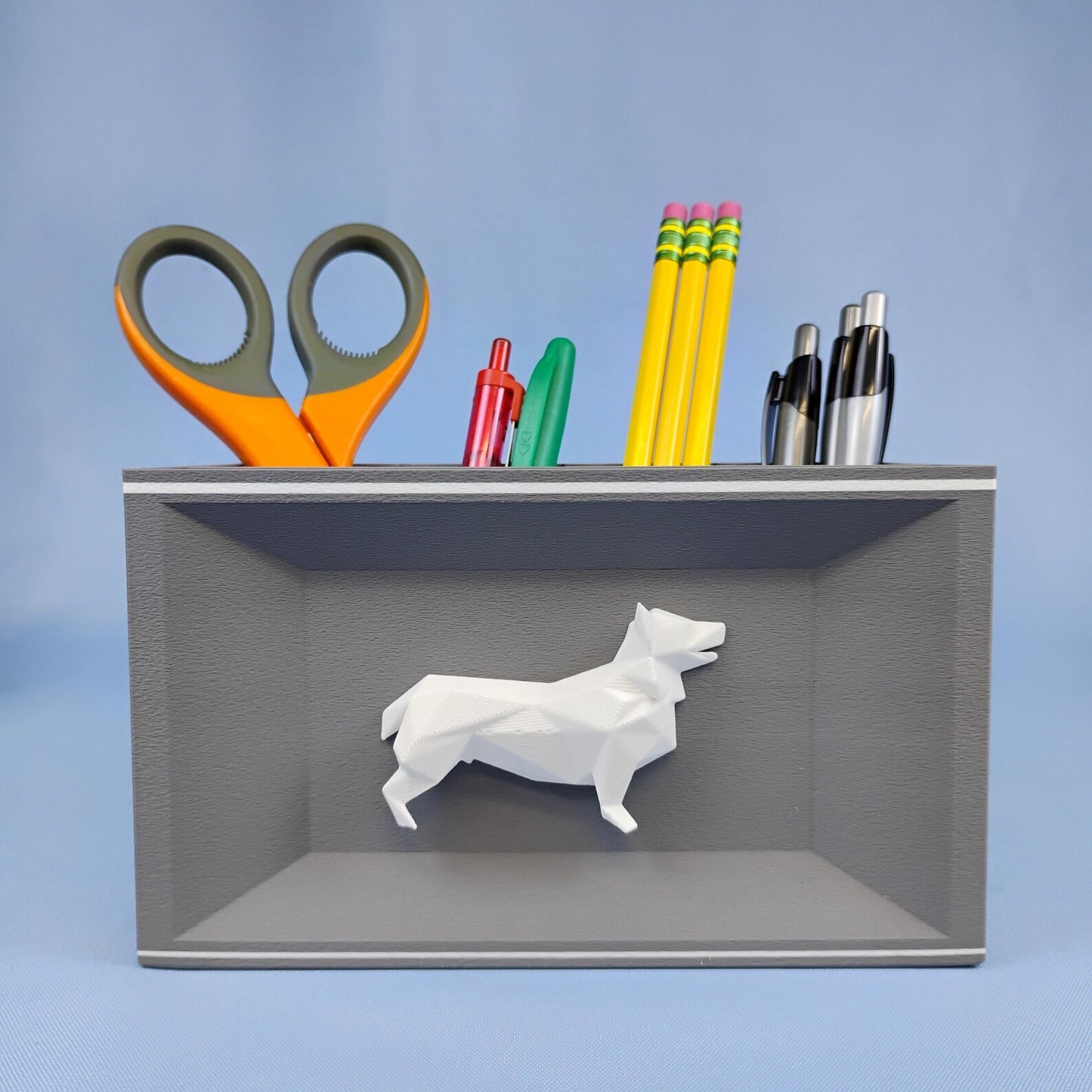 Gray Corgi desk organizer with white dog detail for pens, pencils, and office supplies