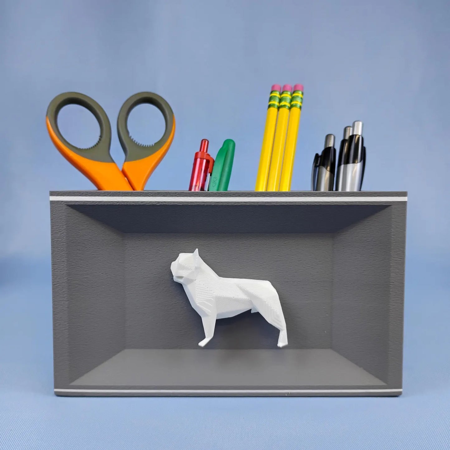 Gray French Bulldog desk organizer with white dog detail for pens, pencils, and office supplies