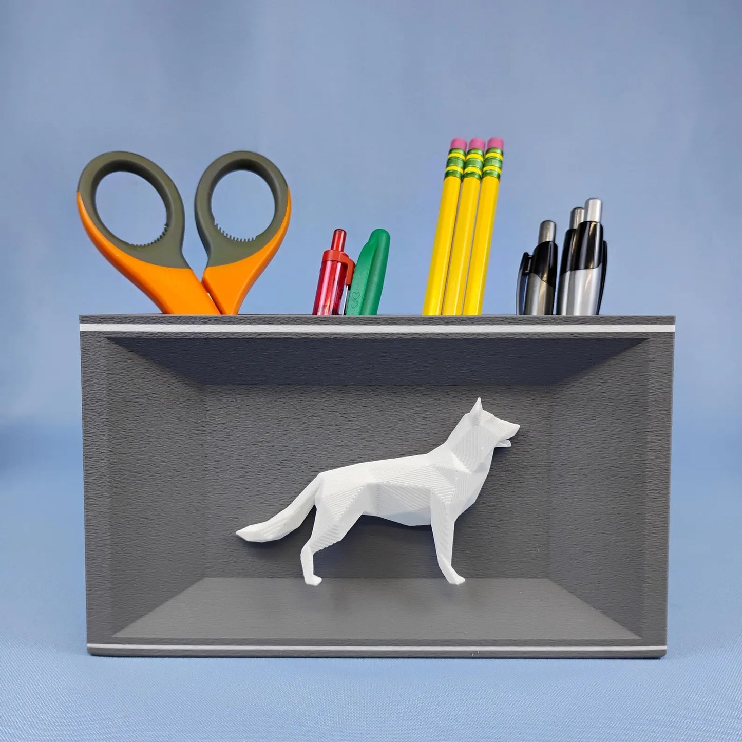 Gray German Shepherd desk organizer with white dog detail for pens, pencils, and office supplies
