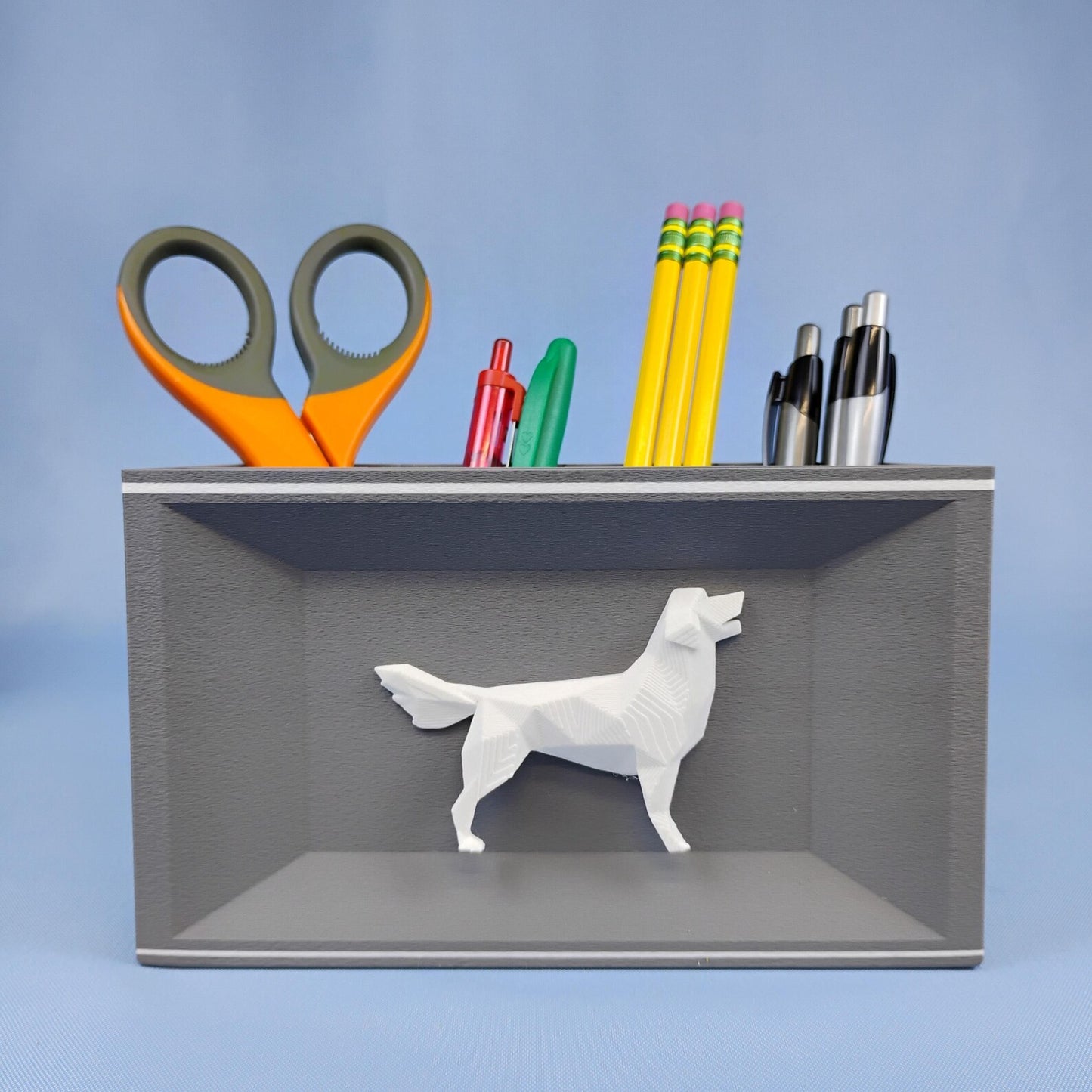 Gray Golden Retriever desk organizer with white dog detail for pens, pencils, and office supplies