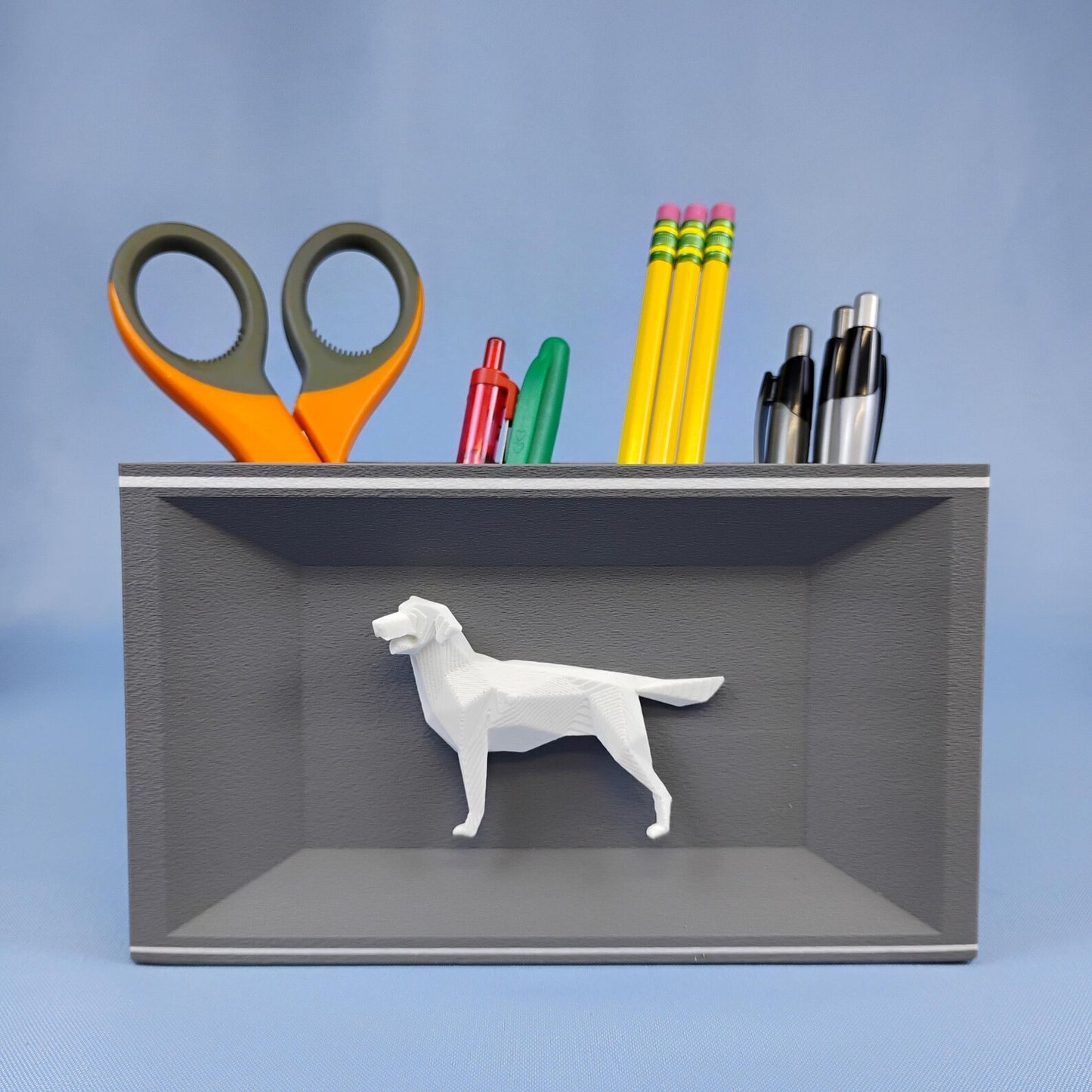 Gray Labrador desk organizer with white dog detail for pens, pencils, and office supplies