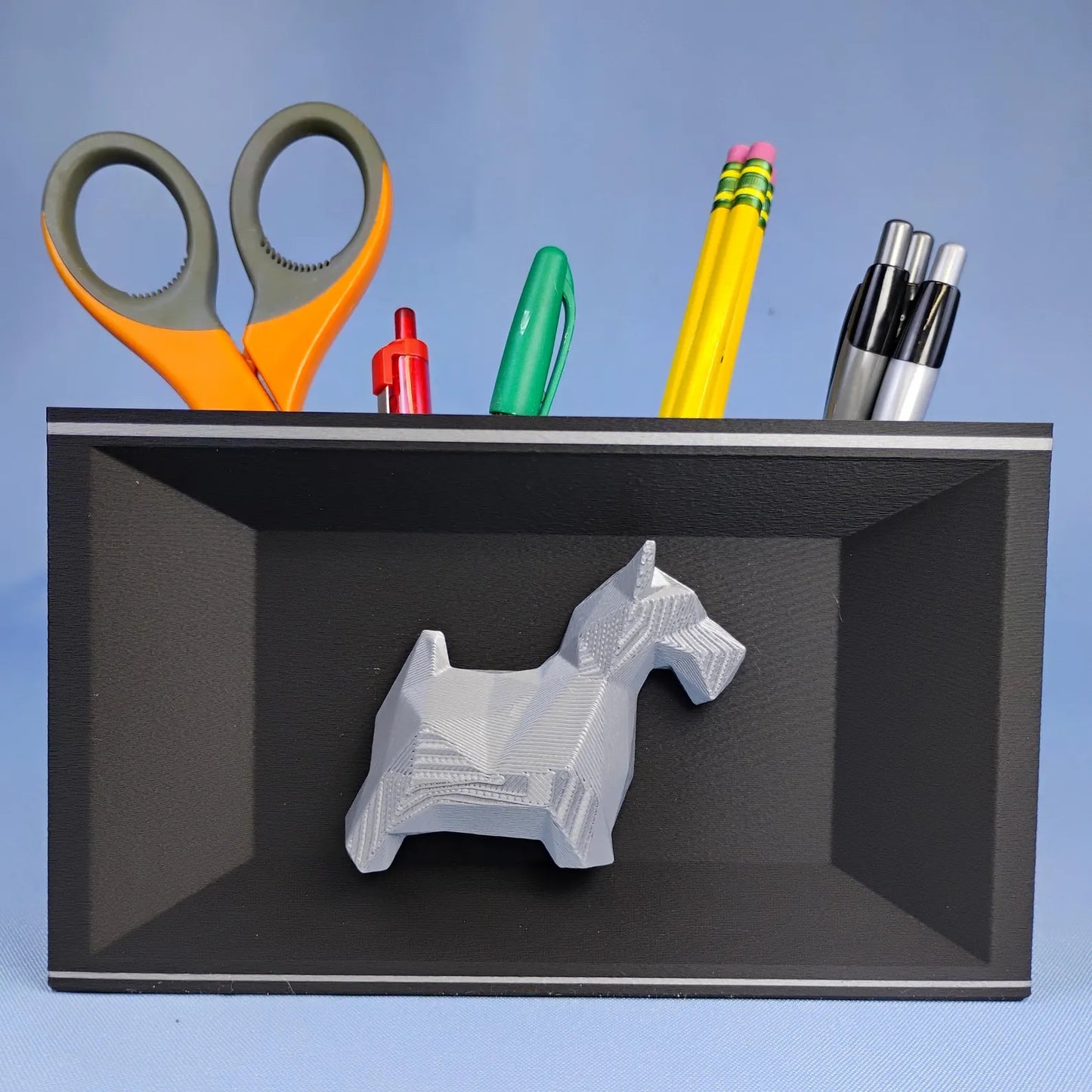 Gray Scottish Terrier desk organizer with removable compartments and raised geometric dog detail
