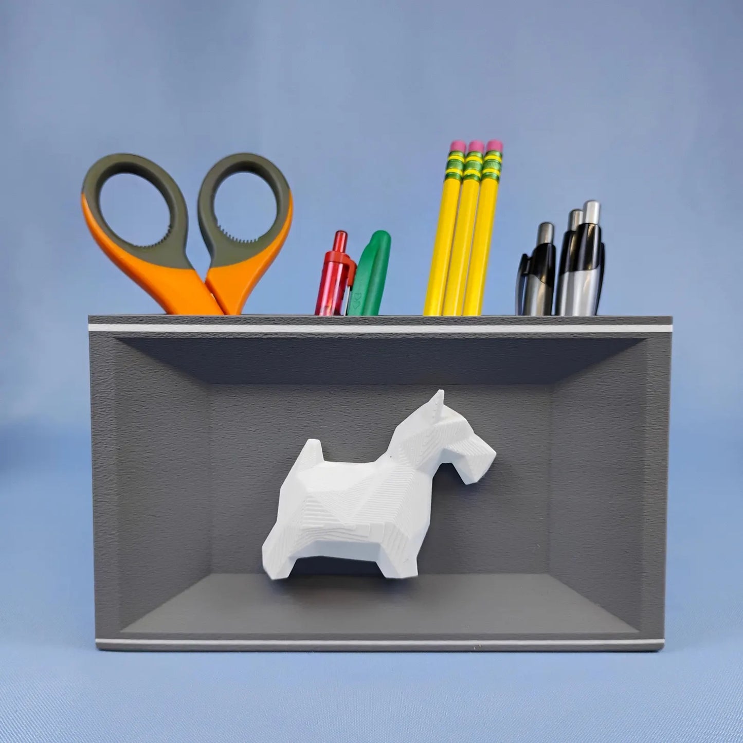 Gray Scottish Terrier desk organizer with white dog detail for pens, pencils, and office supplies