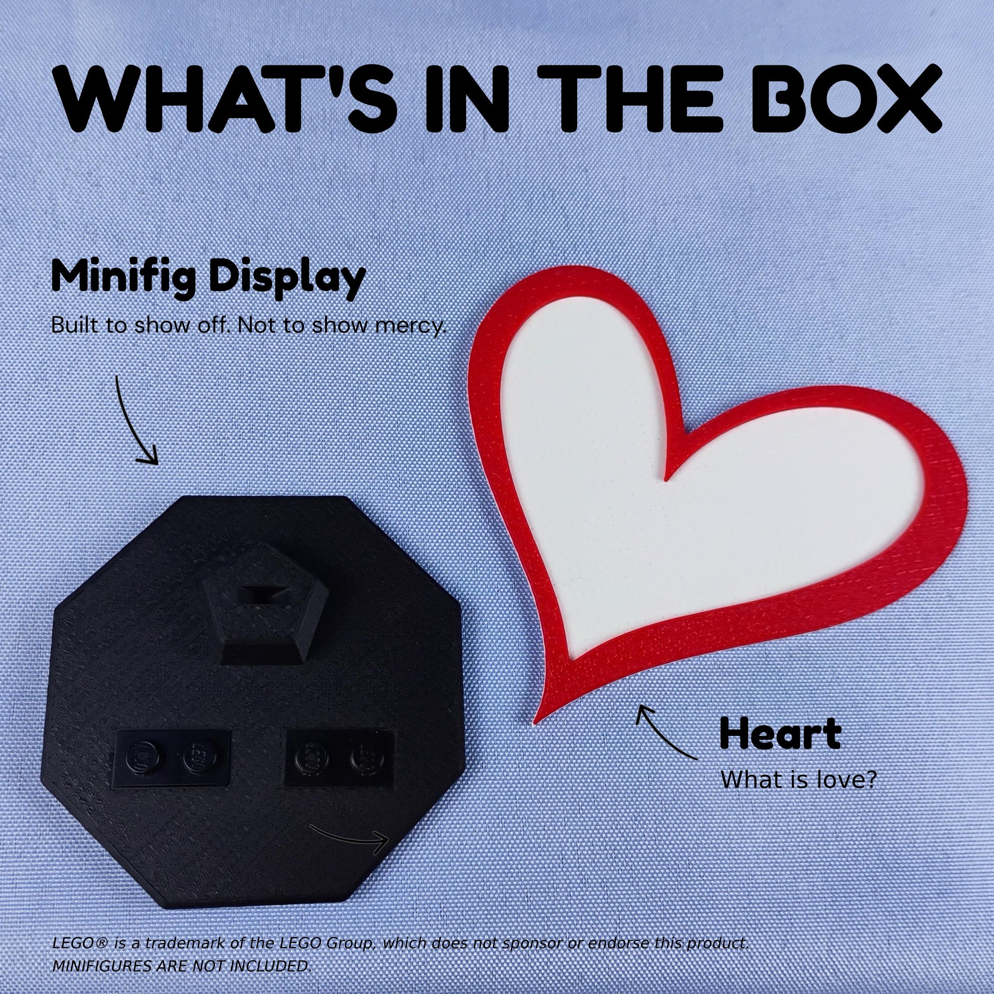 What’s in the box graphic for the heart minifigure display, showing the black display base and red heart backdrop.
