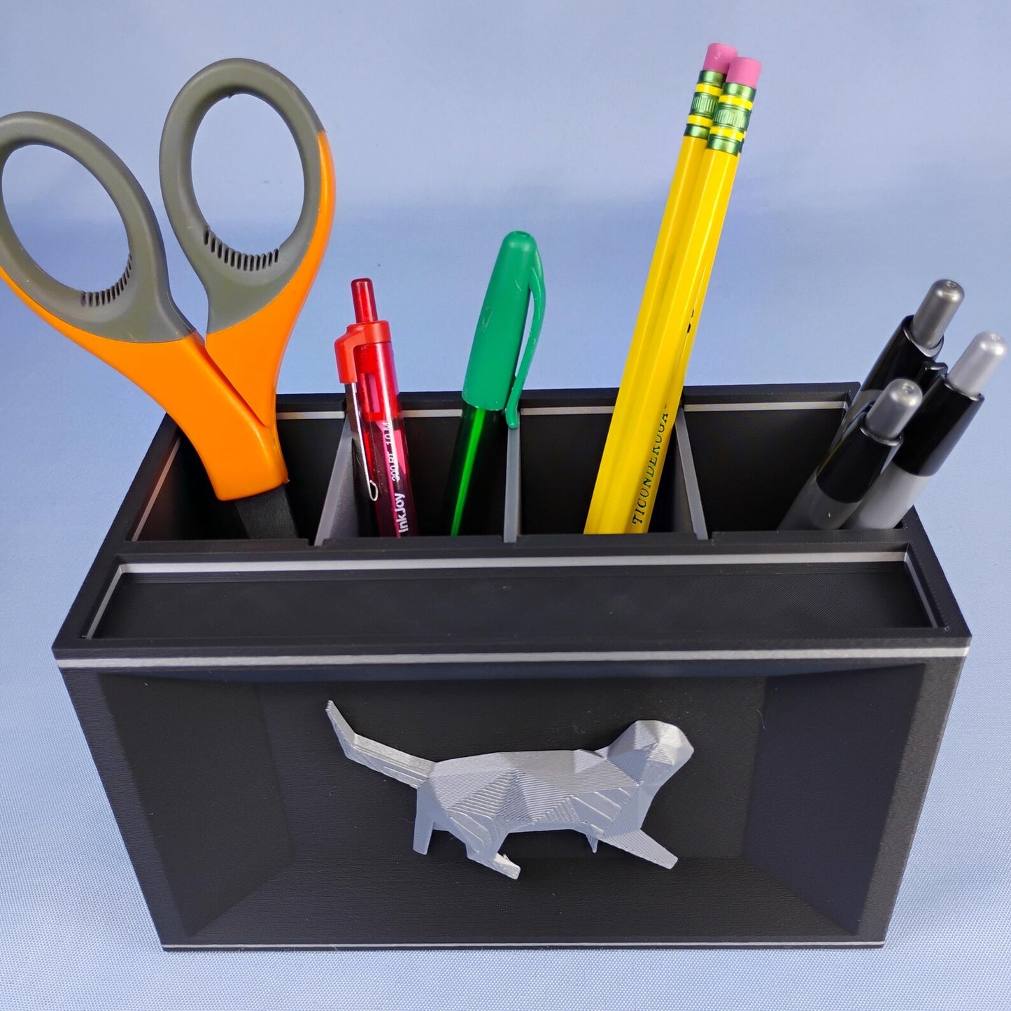 Black Cat desk organizer holding scissors, pencils, pens, and small office tools