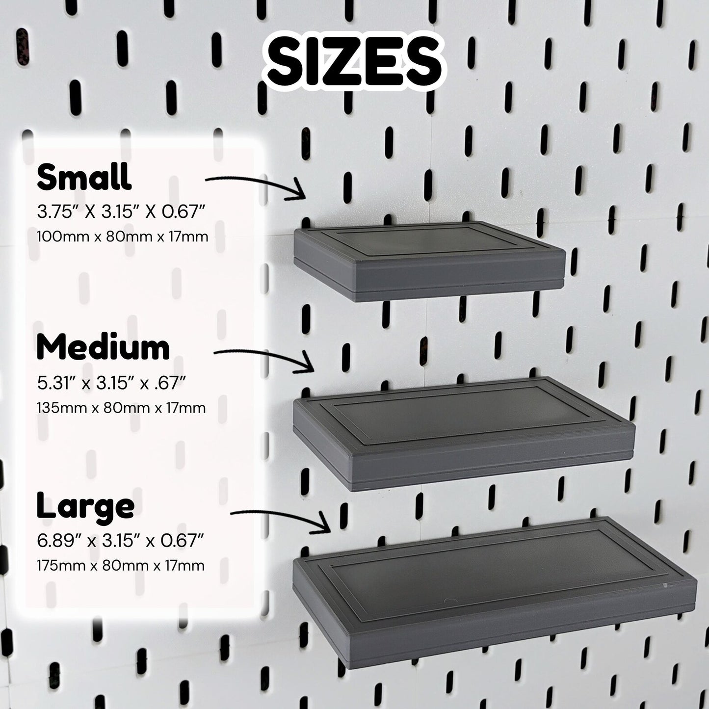 Size guide graphic showing small, medium, and large SKADIS floating shelf dimensions