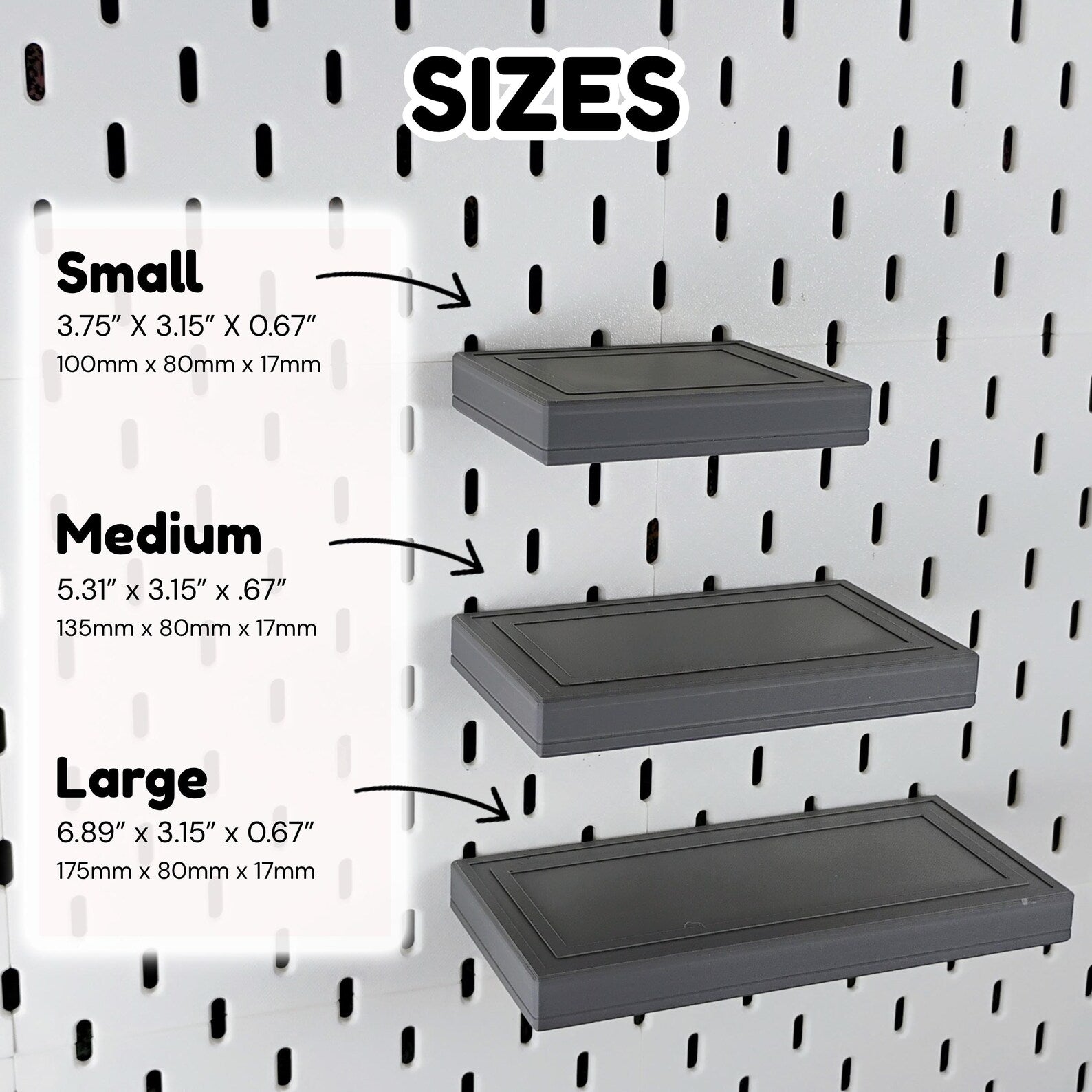 Size guide graphic showing small, medium, and large SKADIS floating shelf dimensions