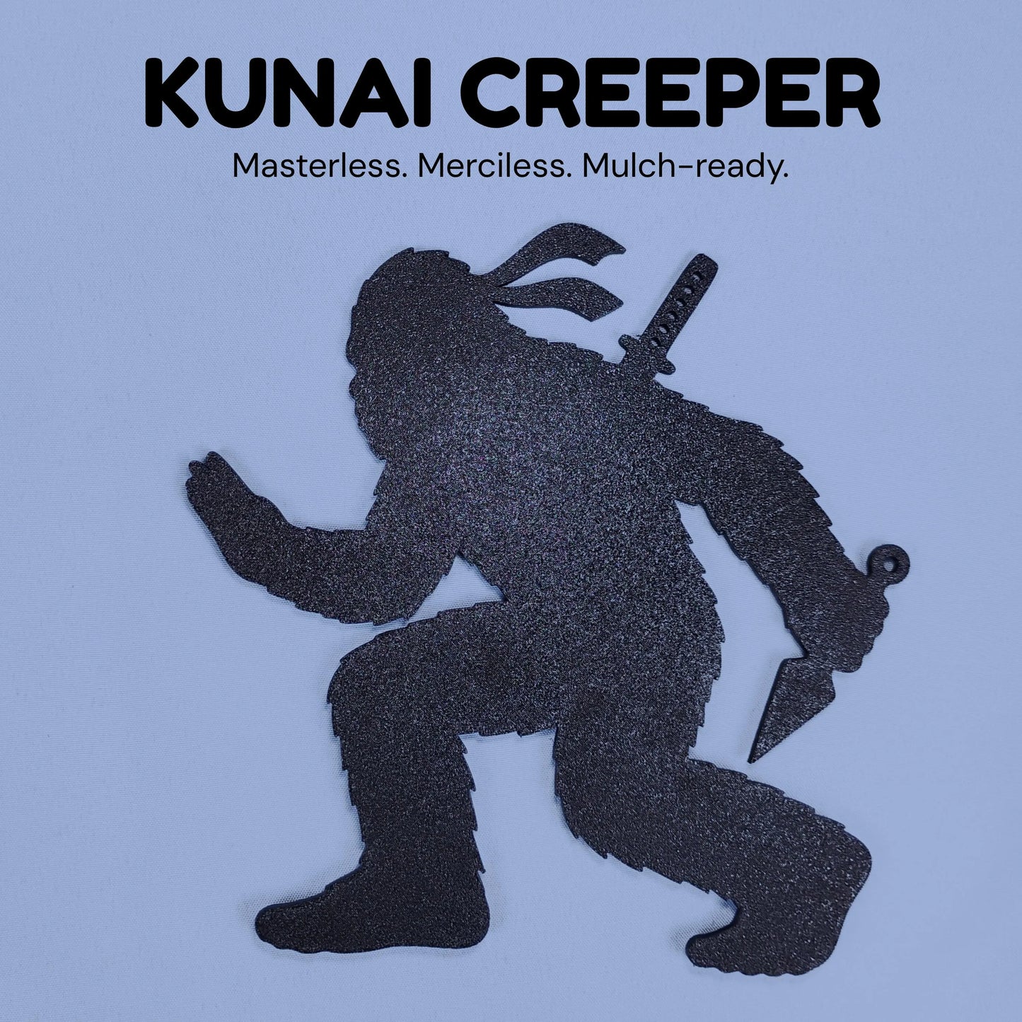 Kunai Creeper Ninja Bigfoot silhouette crouching with kunai weapons on a light blue background.