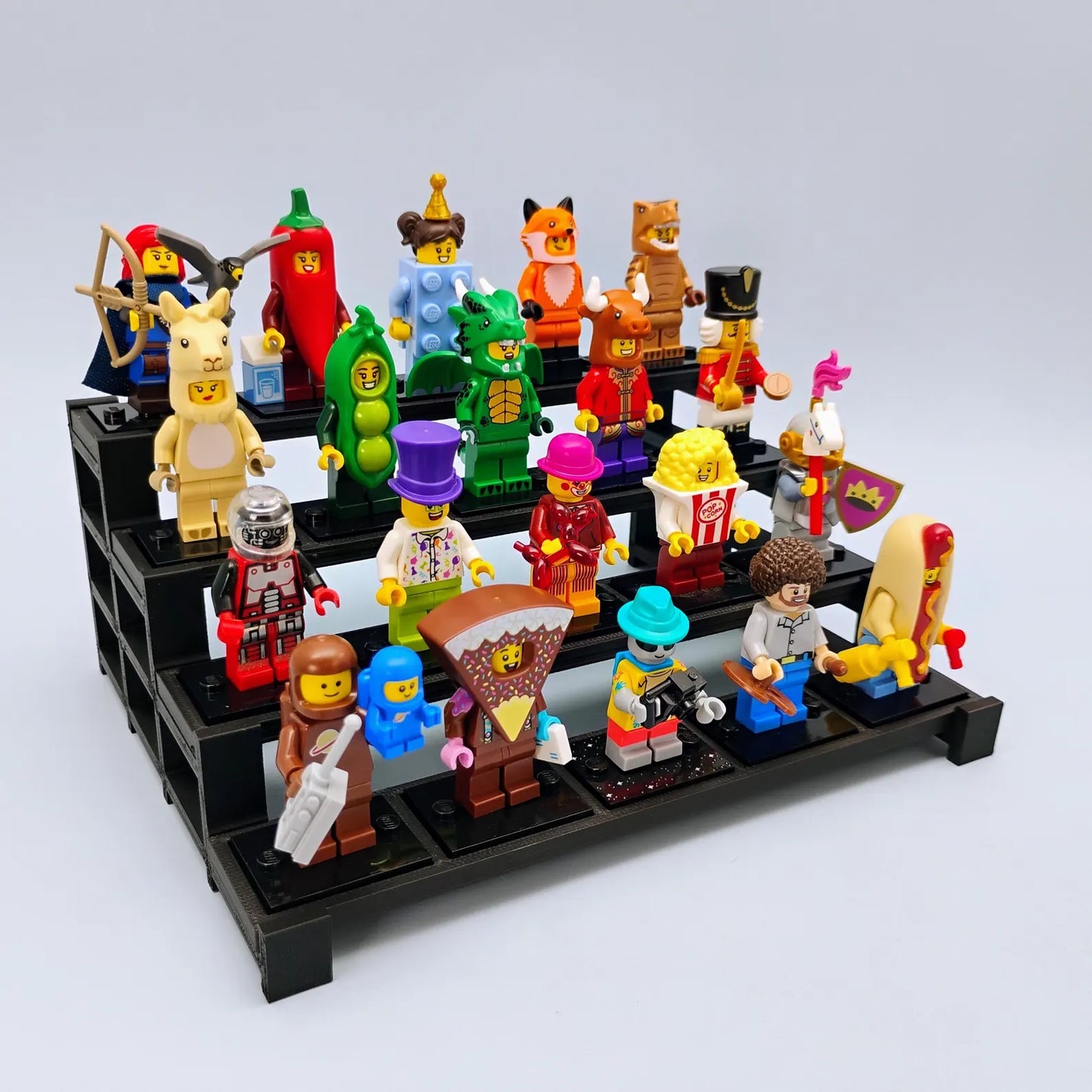 Large tiered display stand filled with LEGO® minifigures, showing capacity for a bigger collection.
