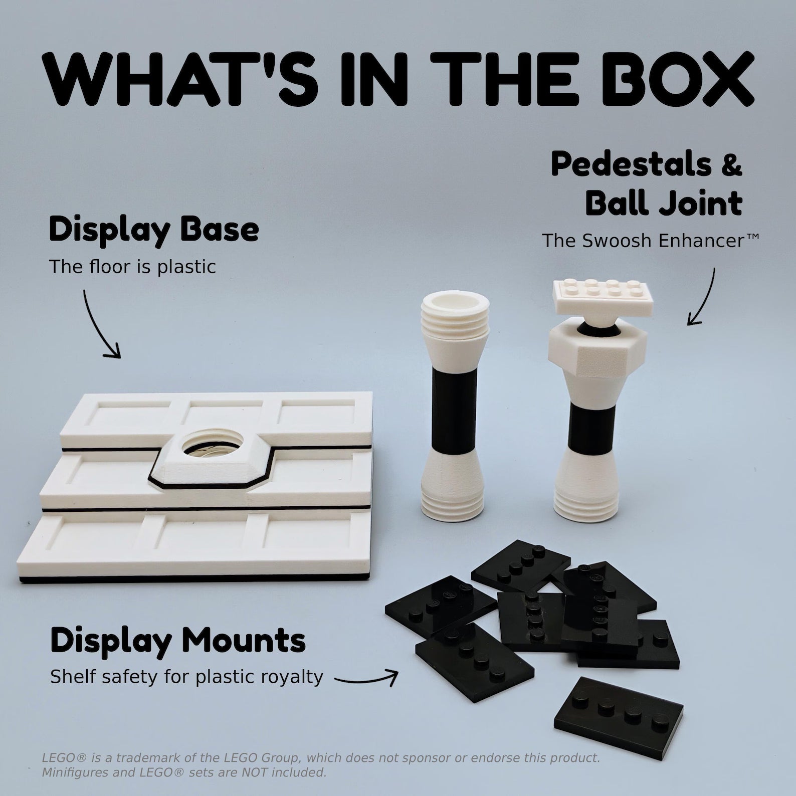 What’s in the box graphic for the LEGO® airplane and ship display stand, showing display base, mounts, pedestals, and ball joint parts.
