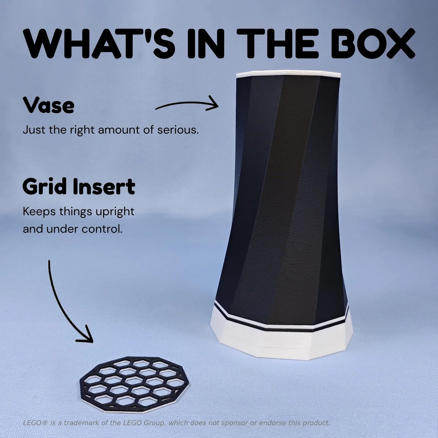 What’s in the box graphic for the LEGO® Botanical vase display, showing the faceted vase body and removable grid insert for flower stems.