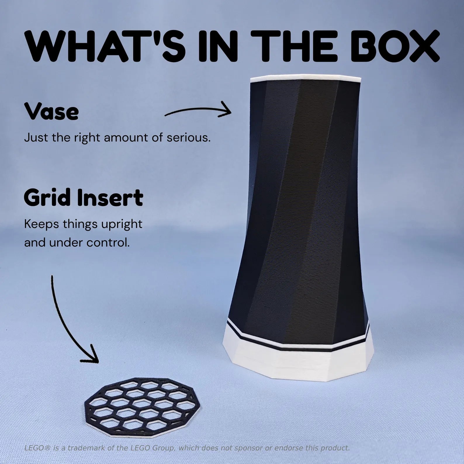 What’s in the box graphic for the LEGO® Botanical vase display, showing the faceted vase body and removable grid insert for flower stems.