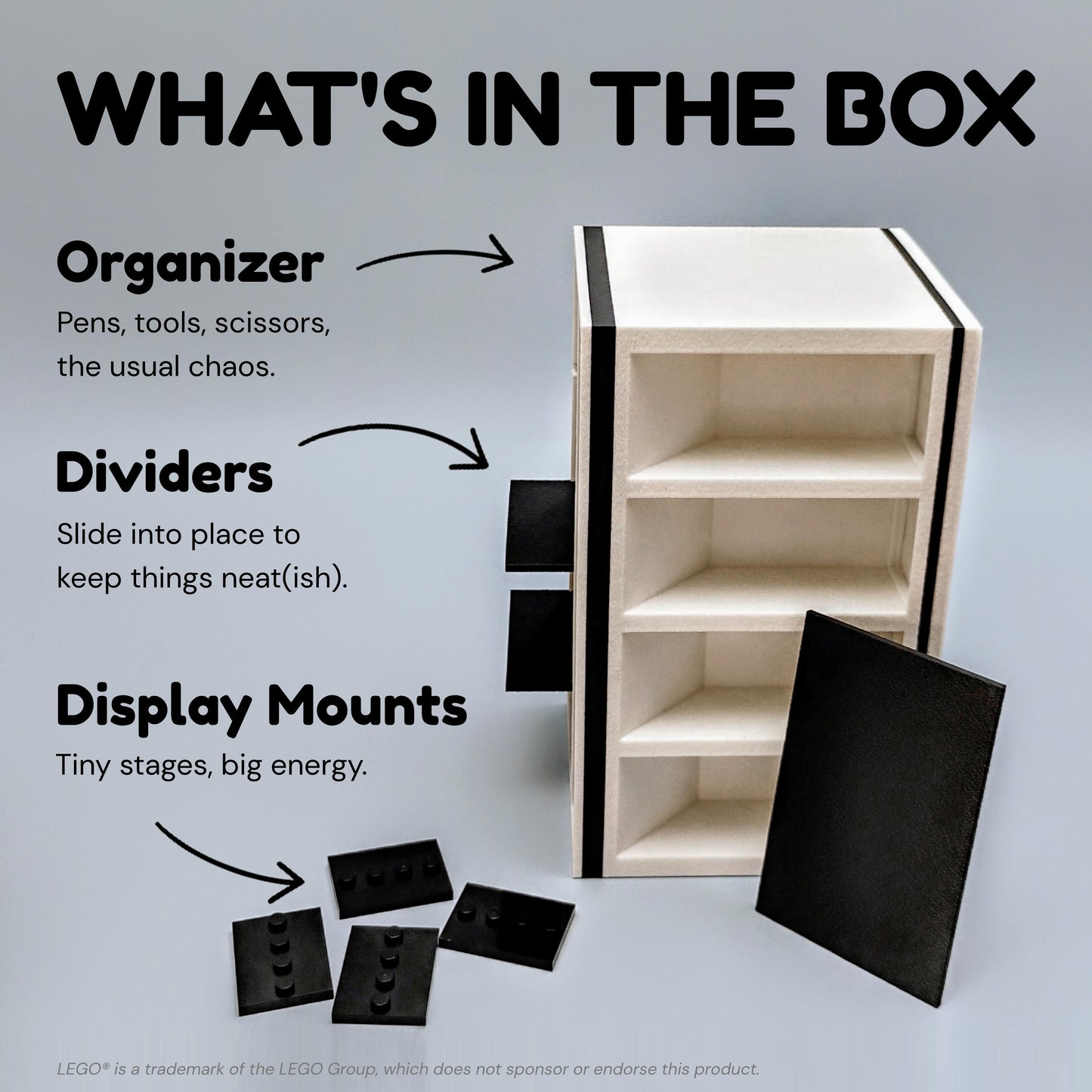 Shelving organizer with dividers and display mounts on a gray background