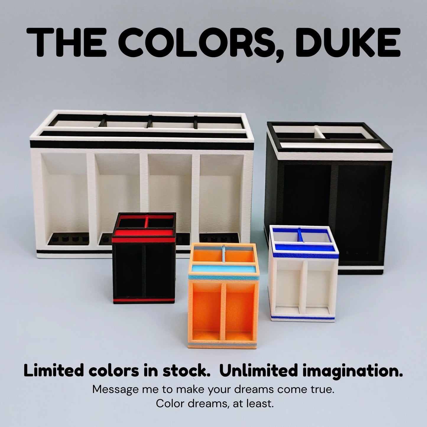 Colorful pencil holders with text promoting limited color availability and unlimited imagination.
