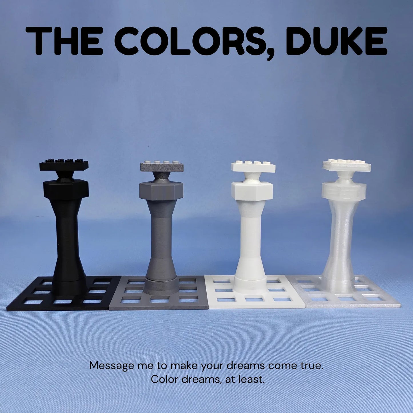 Color options graphic showing LEGO® ship display stands in black, gray, white, and translucent style options.