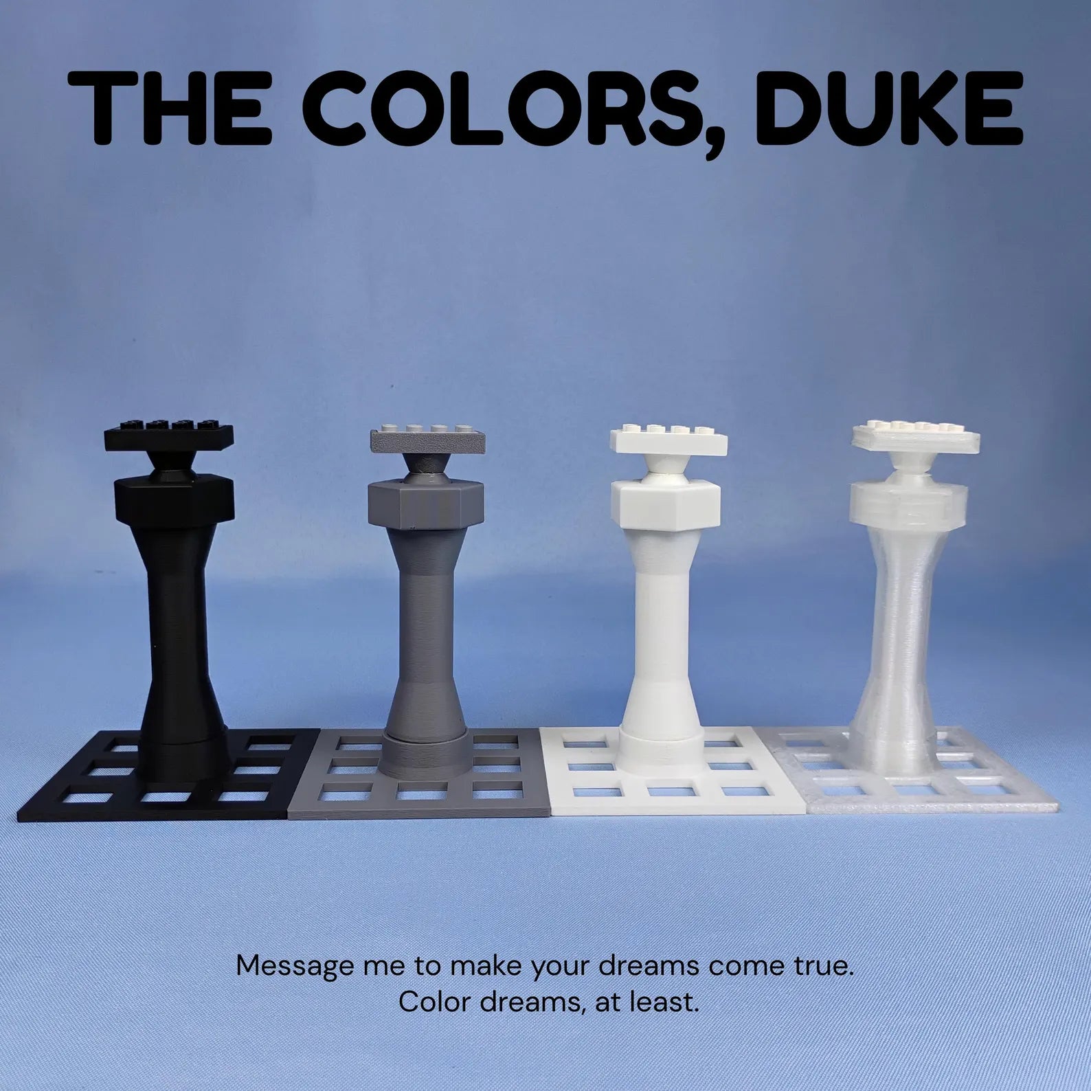 Color options graphic showing LEGO® ship display stands in black, gray, white, and translucent style options.
