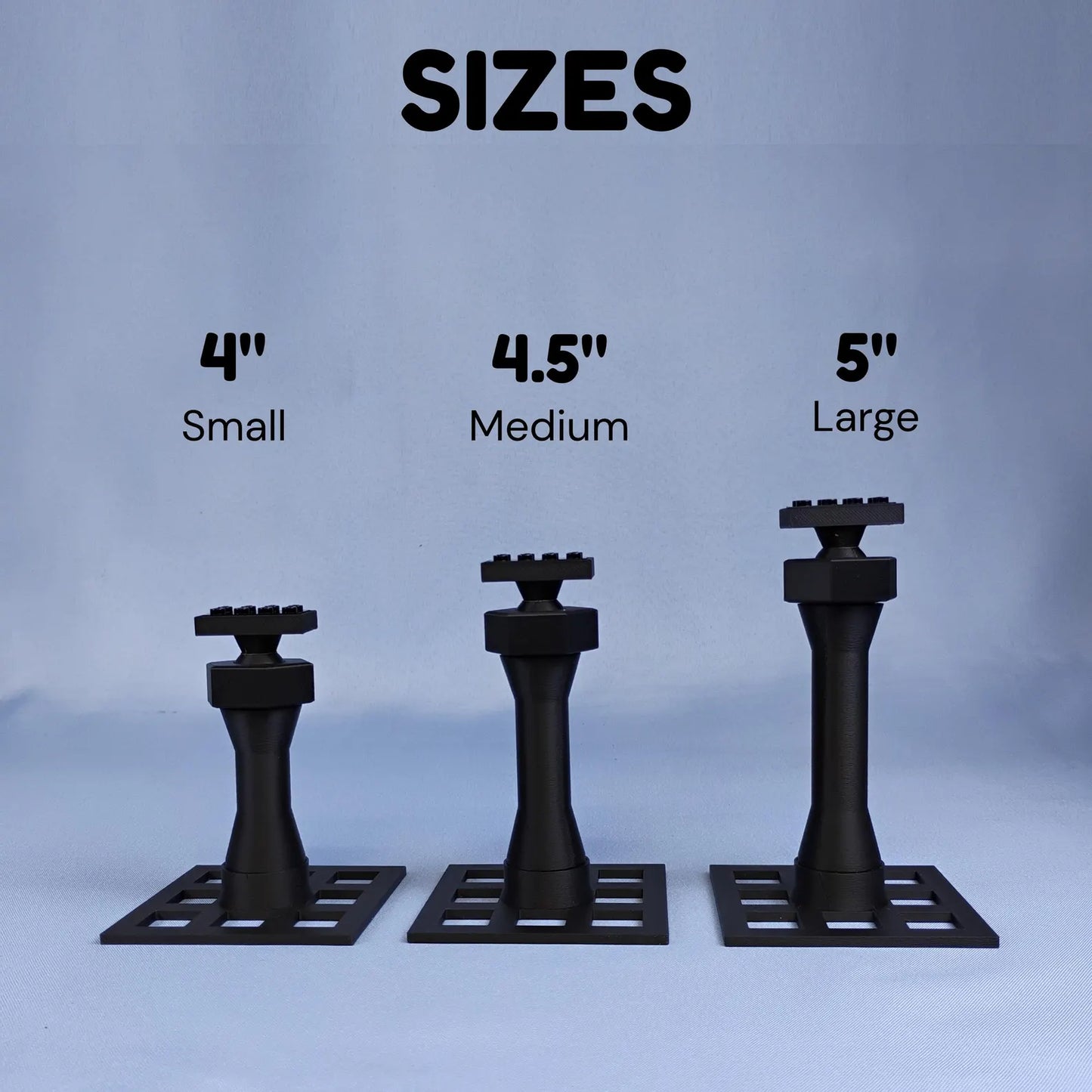 Size options graphic for LEGO® ship display stands showing small, medium, and large support column heights.
