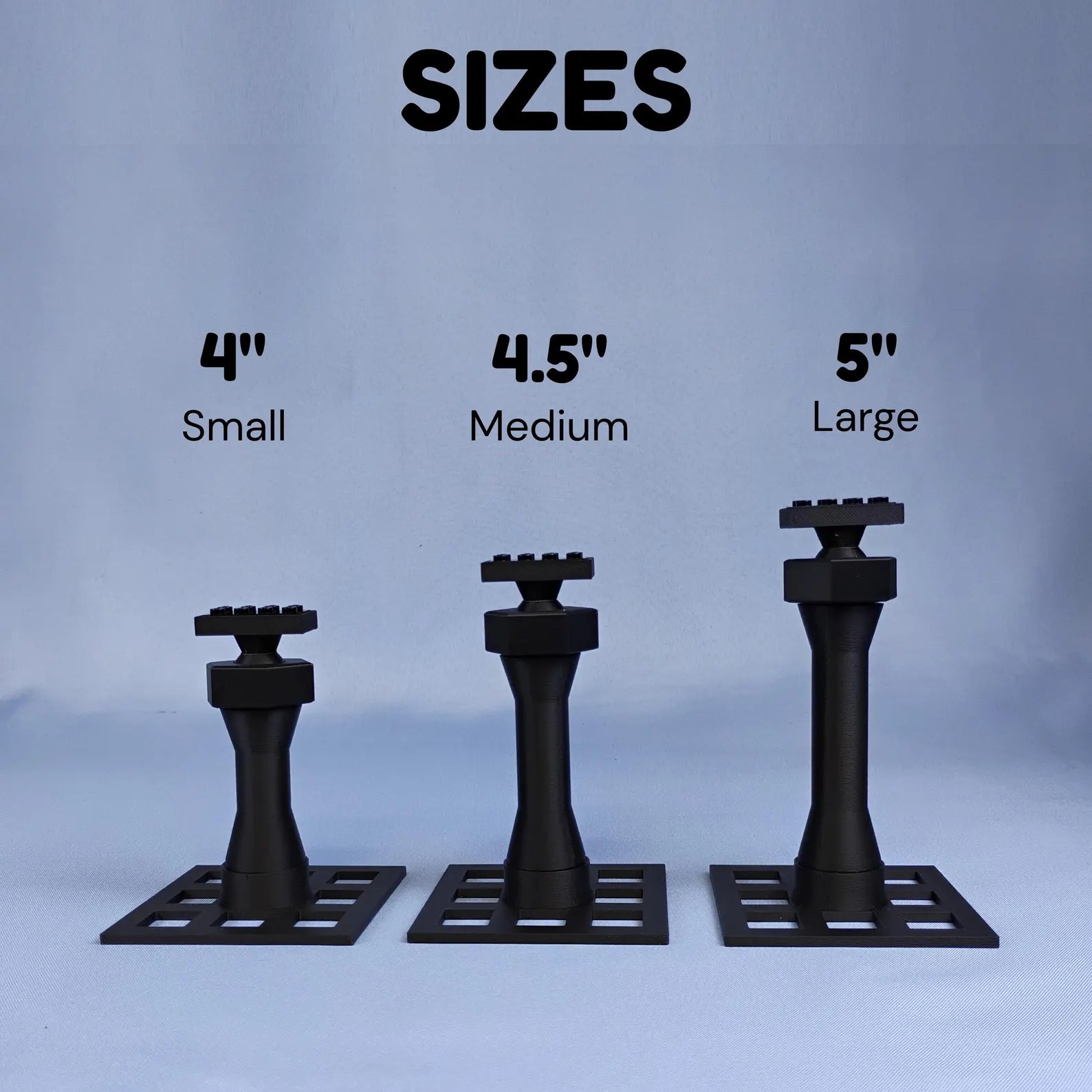 Size options graphic for LEGO® ship display stands showing small, medium, and large support column heights.