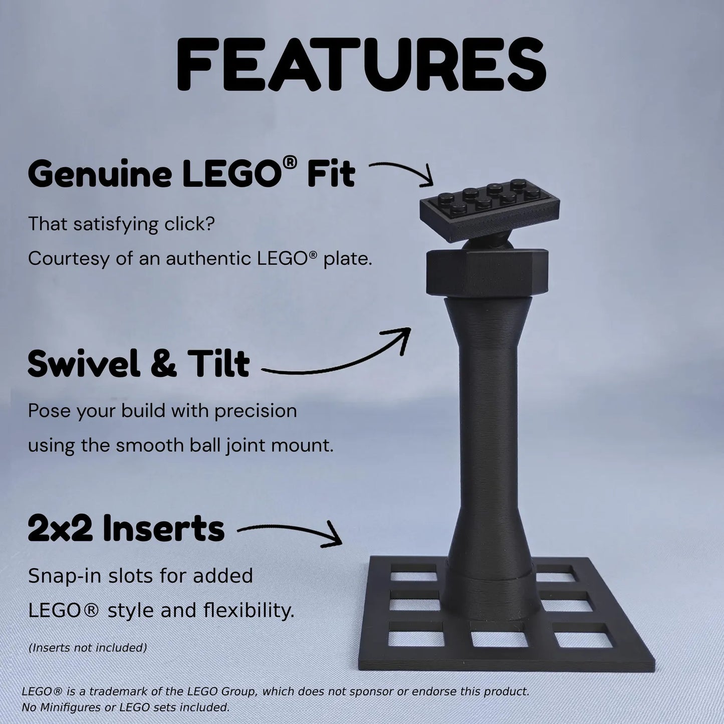 Features graphic for a LEGO® ship display stand showing genuine LEGO® fit, swivel and tilt ball joint, and 2x2 insert slots.