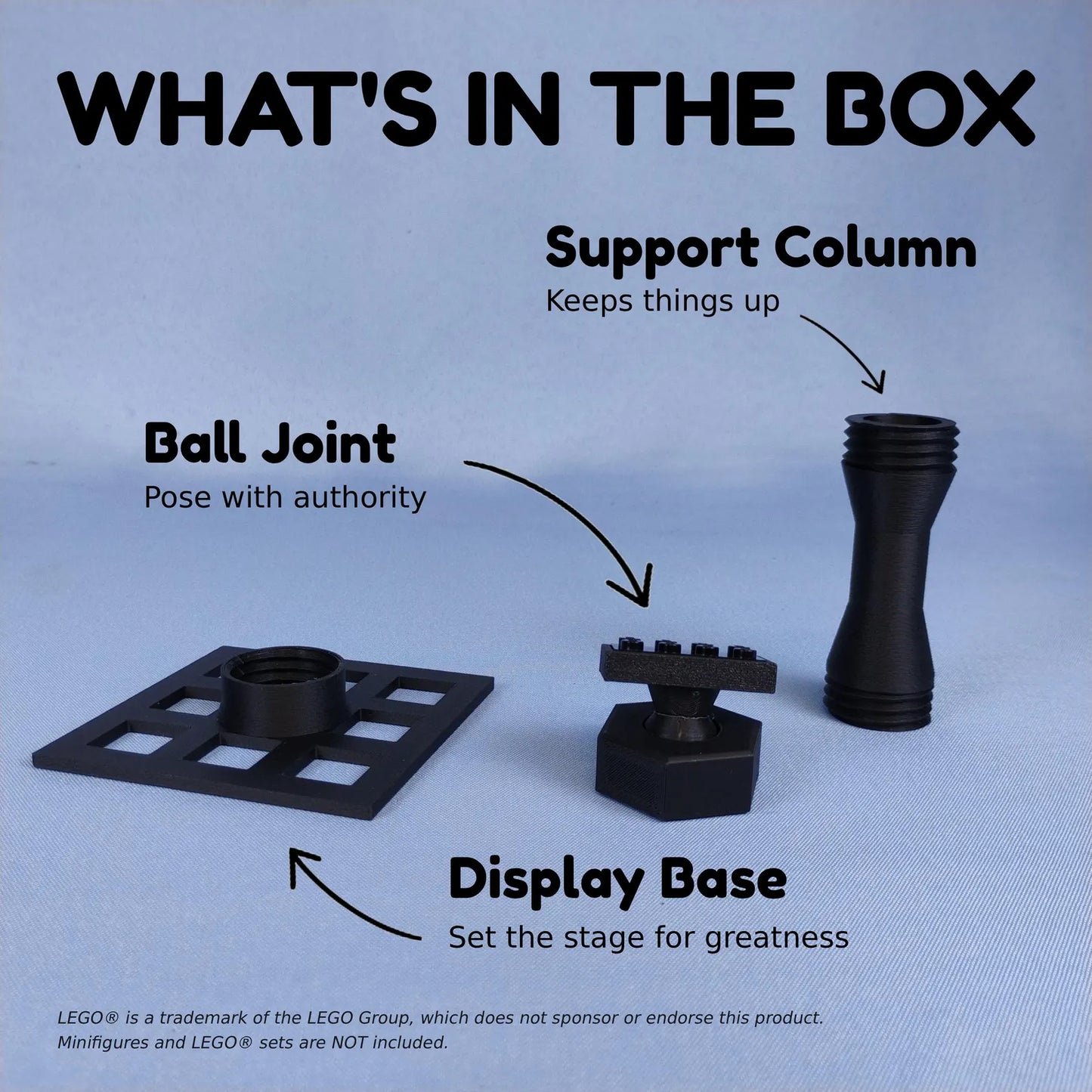 What’s in the box graphic for the LEGO® ship display stand, showing support column, ball joint, and display base parts.
