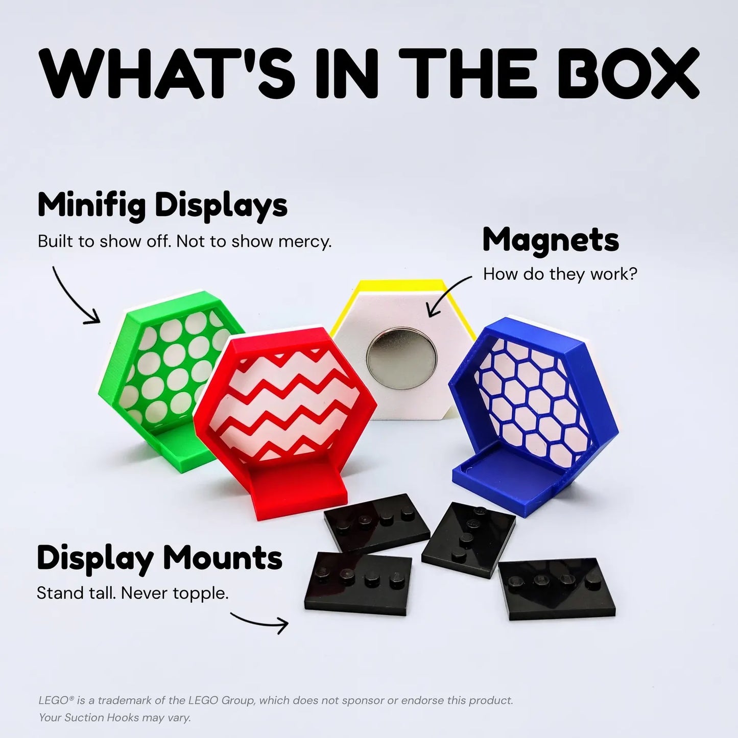 What’s included with the magnetic minifigure display set, including hex display frames, magnets, and display mounts.