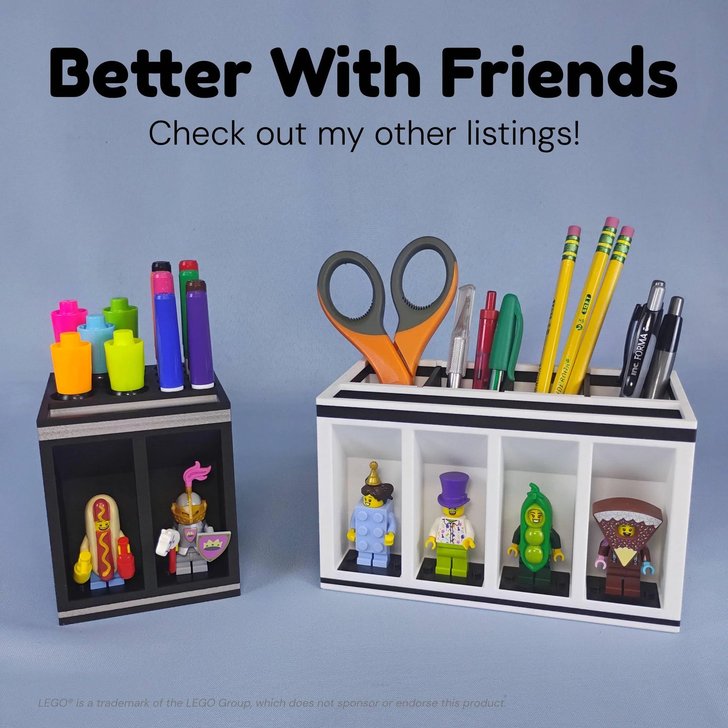 Black and white dry erase marker holders displayed beside matching Max Gallows desk organizers with storage for pens, pencils, scissors, and LEGO® minifigures.