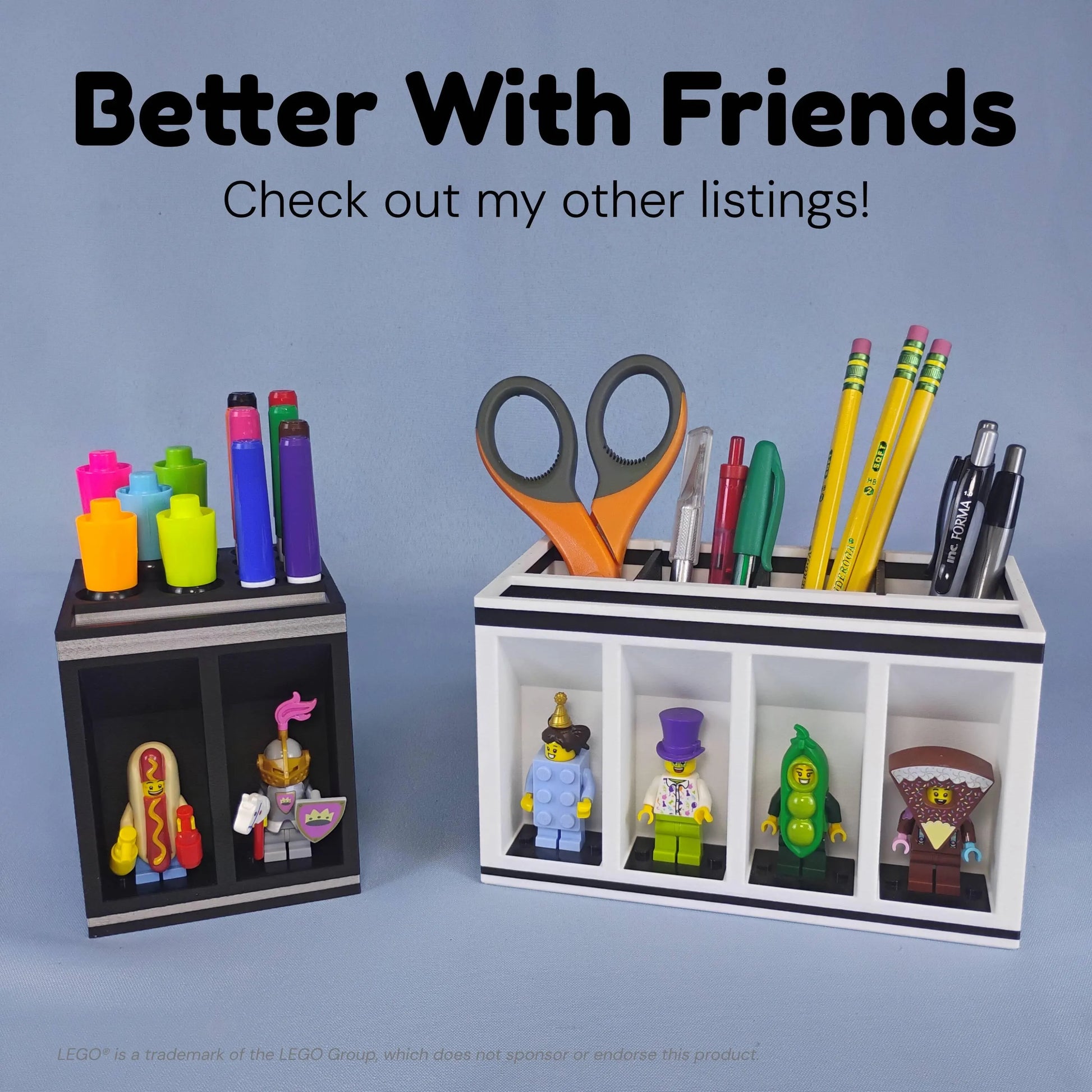 Black and white dry erase marker holders displayed beside matching Max Gallows desk organizers with storage for pens, pencils, scissors, and LEGO® minifigures.